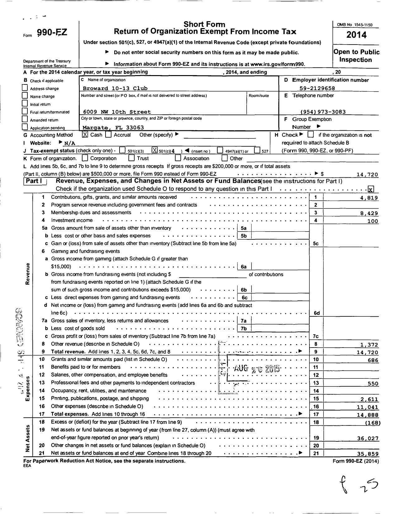 Image of first page of 2014 Form 990EO for Broward 10-13 Club