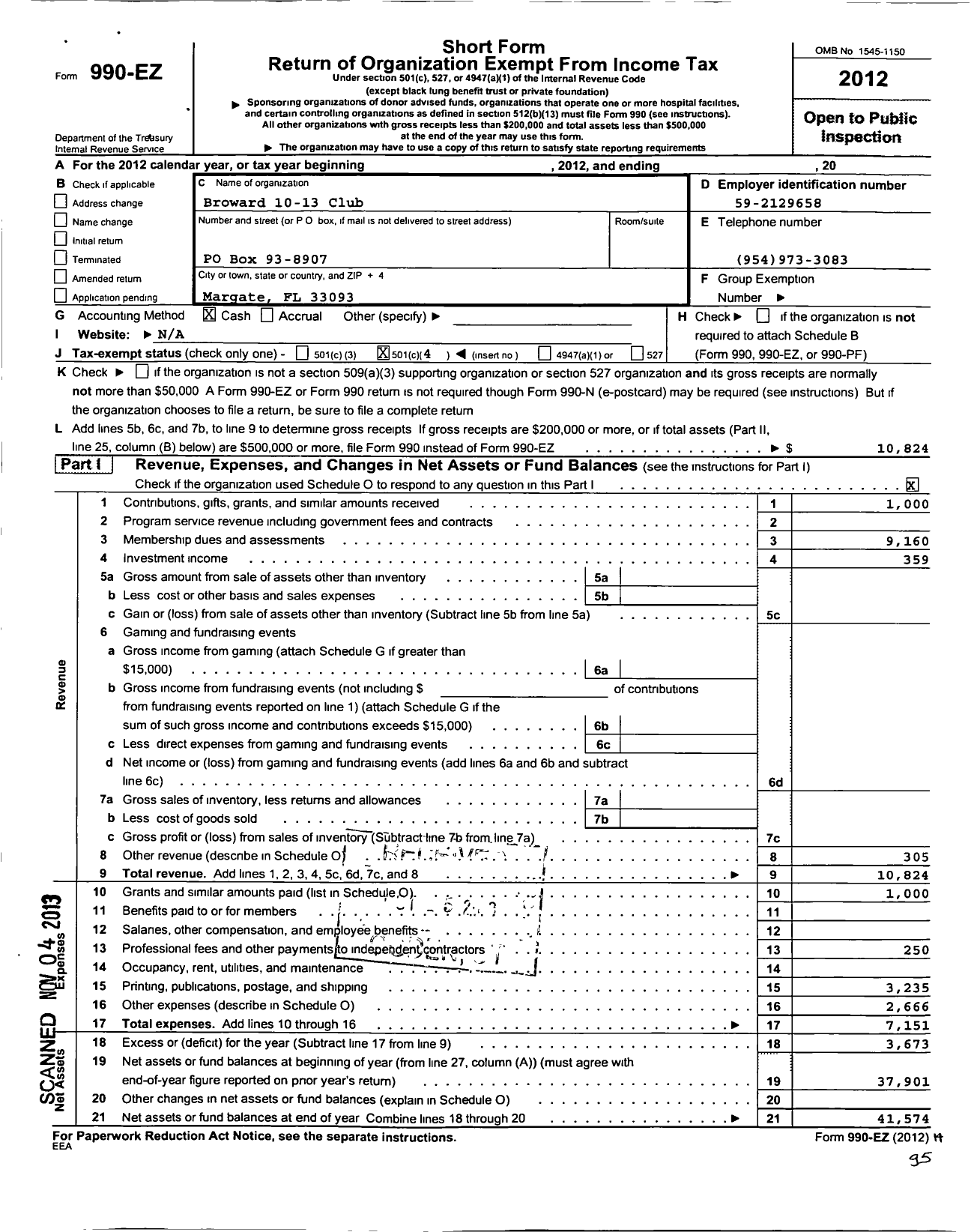 Image of first page of 2012 Form 990EO for Broward 10-13 Club