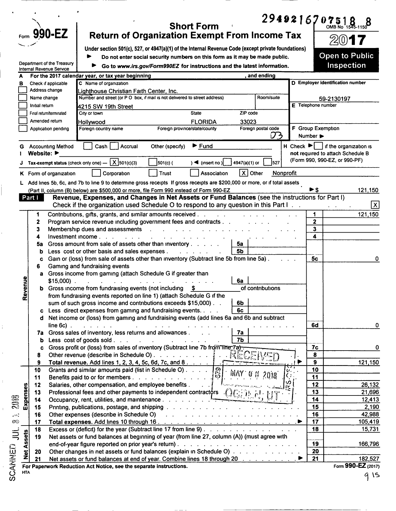 Image of first page of 2017 Form 990EZ for Lighthouse Christian Faith Center