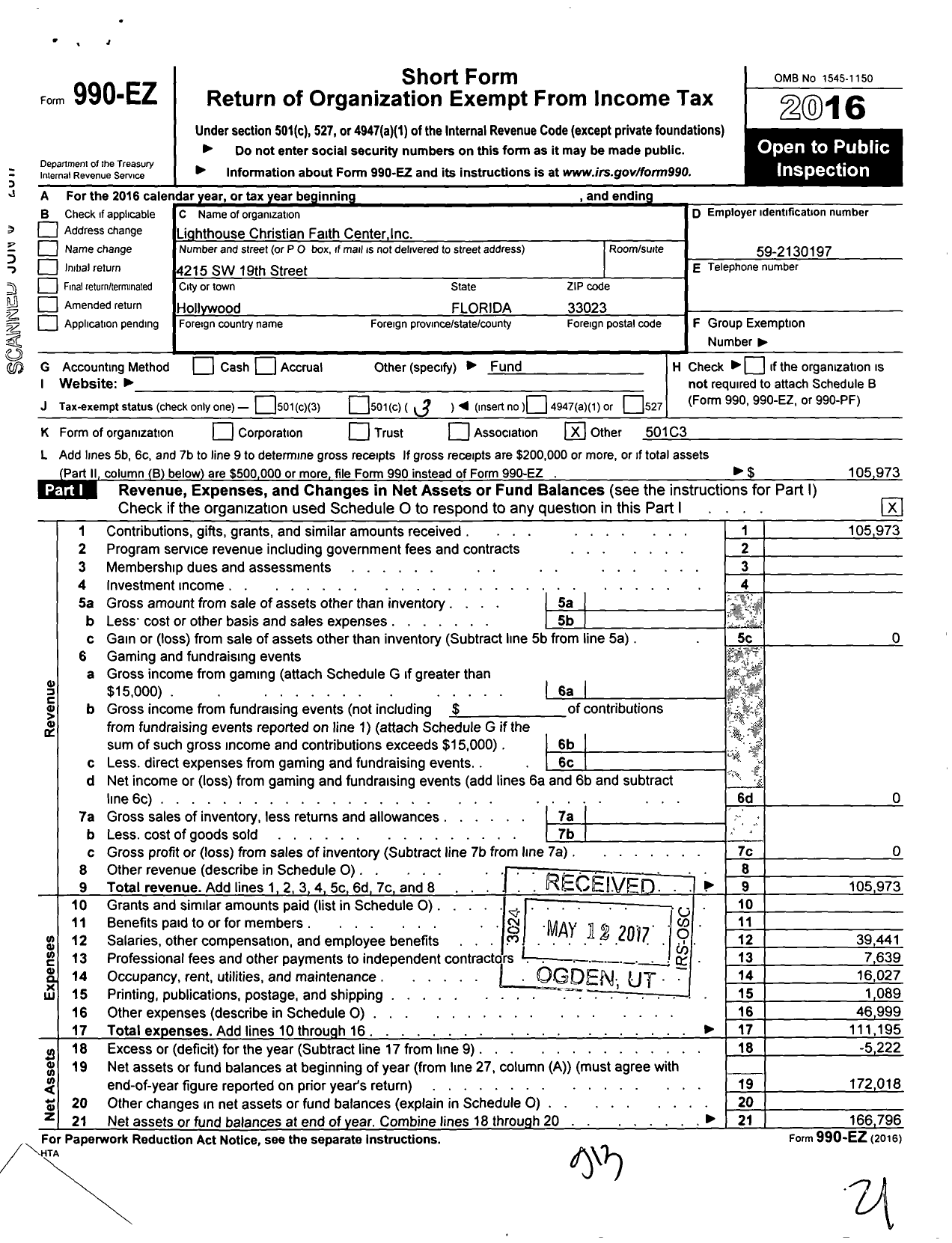 Image of first page of 2016 Form 990EZ for Lighthouse Christian Faith Center