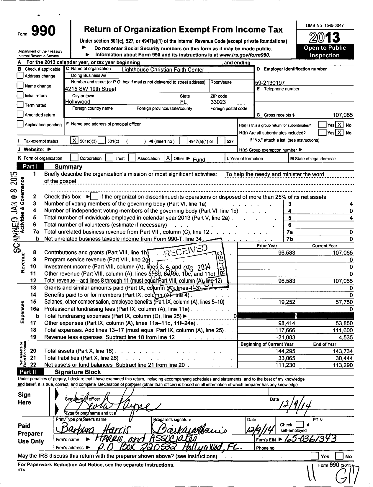 Image of first page of 2013 Form 990 for Lighthouse Christian Faith Center