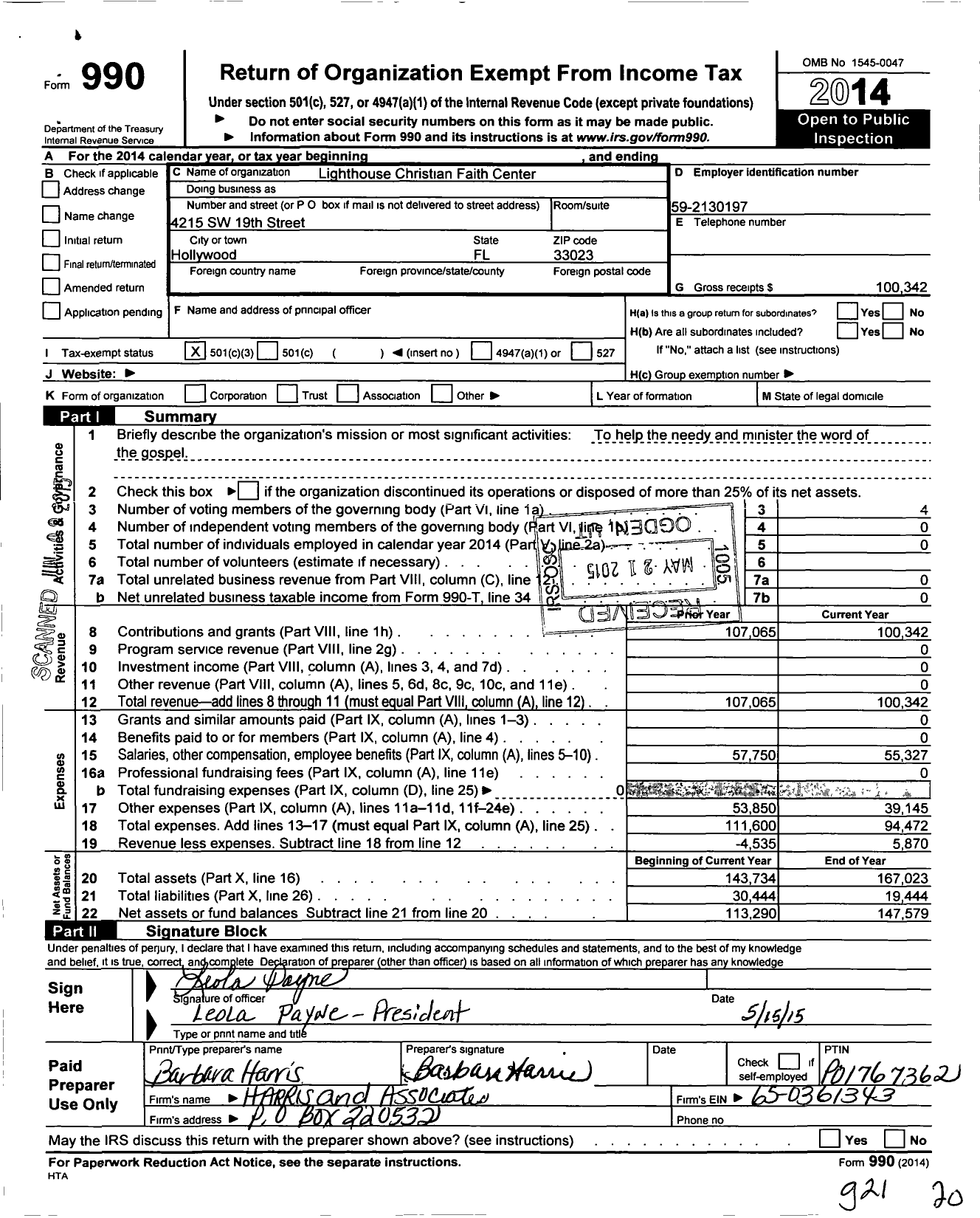 Image of first page of 2014 Form 990 for Lighthouse Christian Faith Center