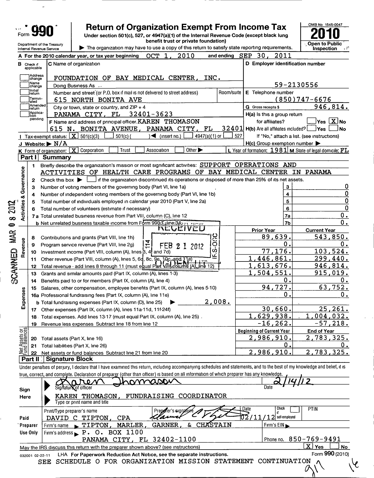 Image of first page of 2010 Form 990 for Foundation of Bay Medical Center