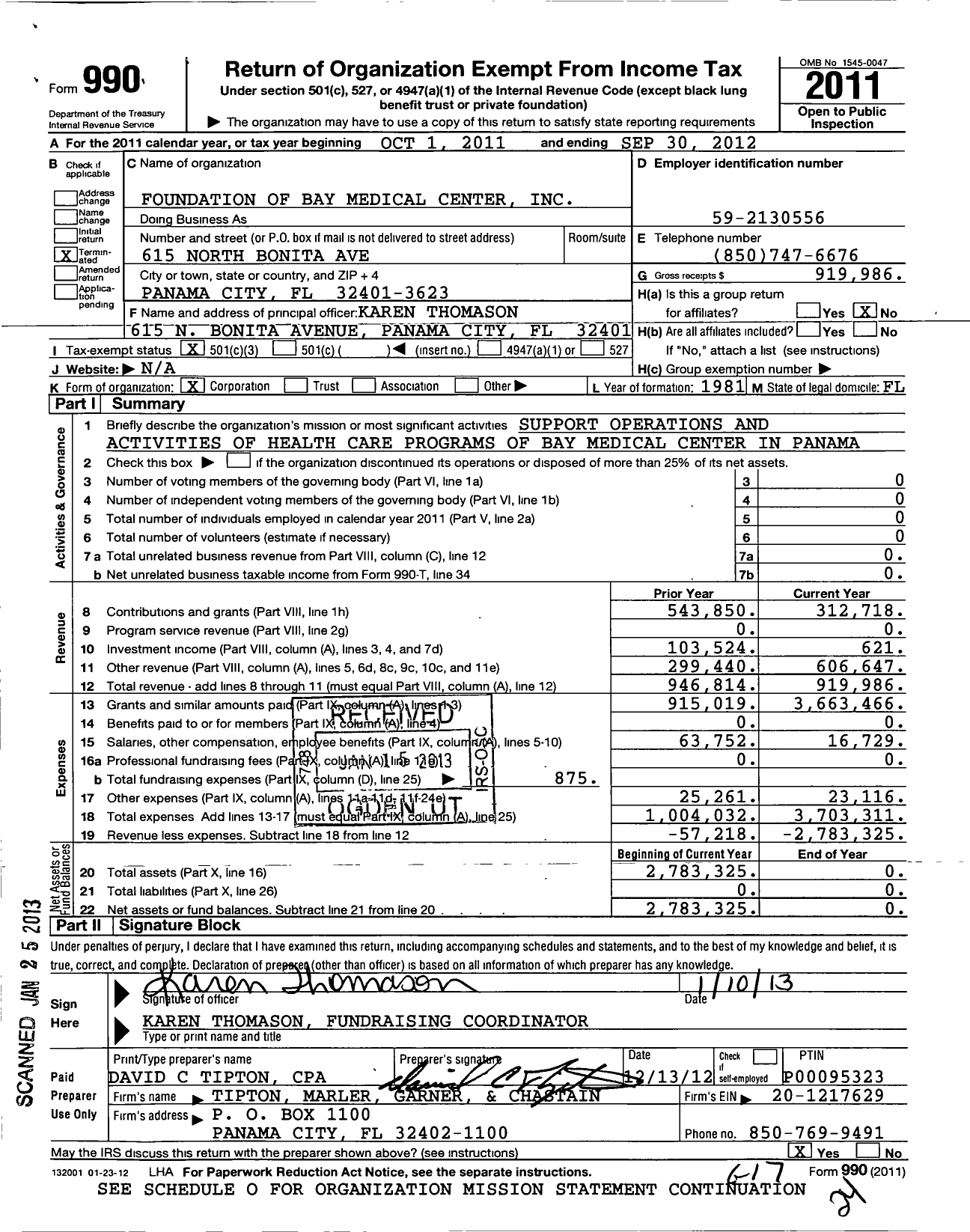 Image of first page of 2011 Form 990 for Foundation of Bay Medical Center