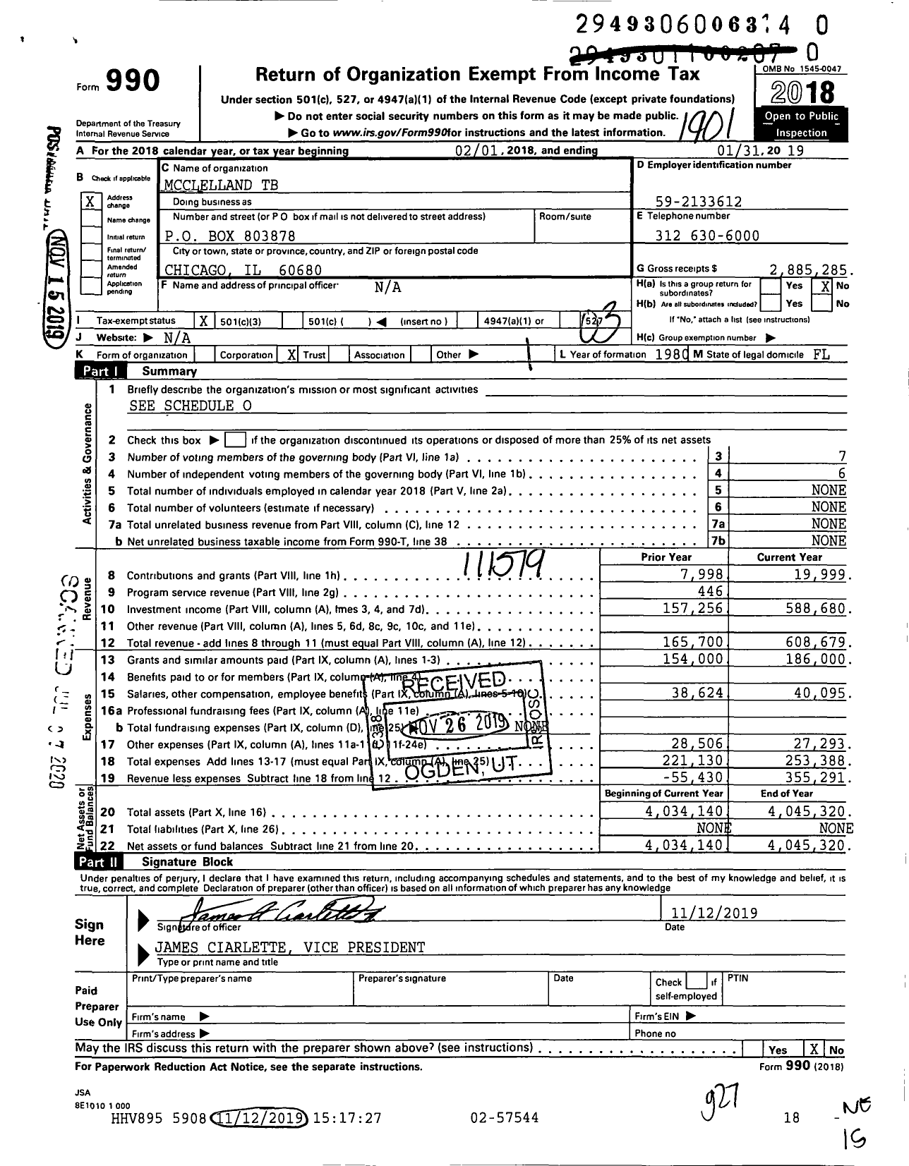 Image of first page of 2018 Form 990 for Mcclelland TB