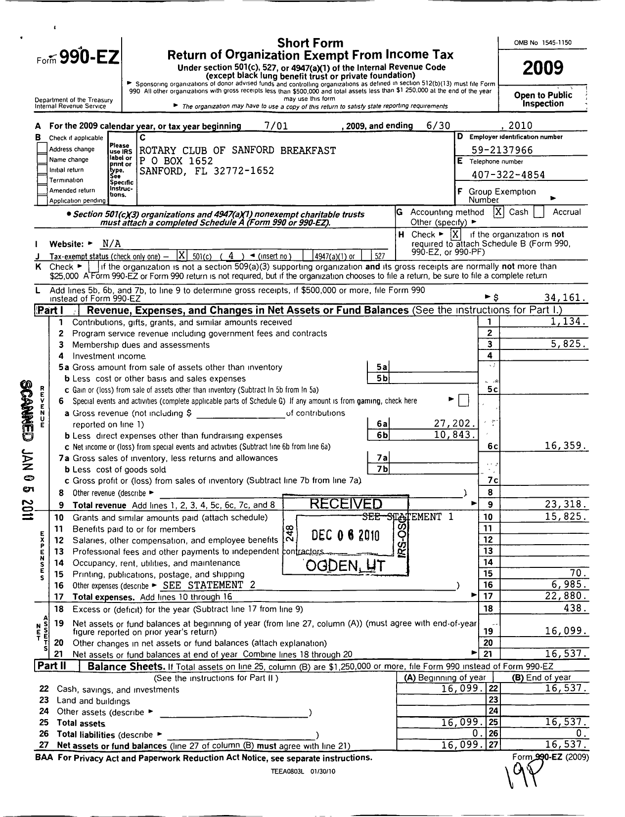 Image of first page of 2009 Form 990EO for Rotary International - Sanford Breakfast Rotary Club