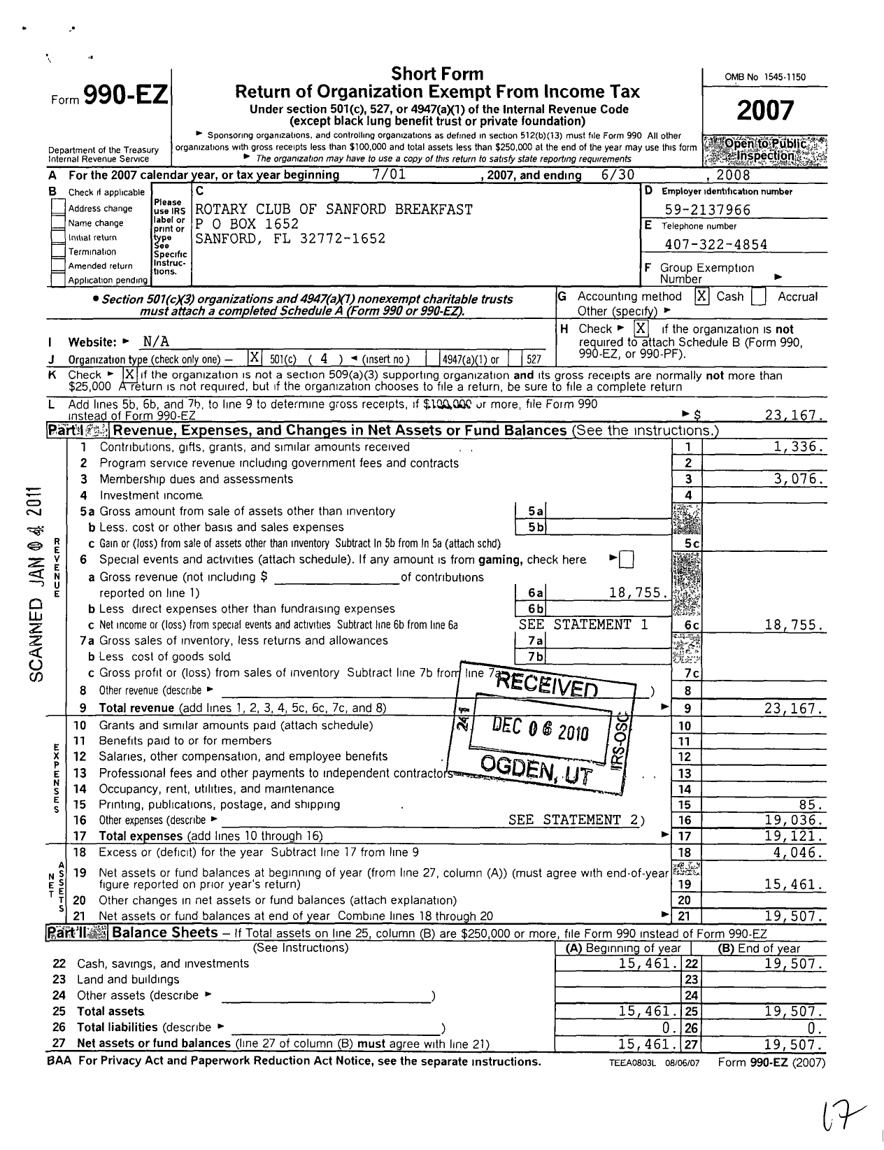 Image of first page of 2007 Form 990EO for Rotary International - Sanford Breakfast Rotary Club