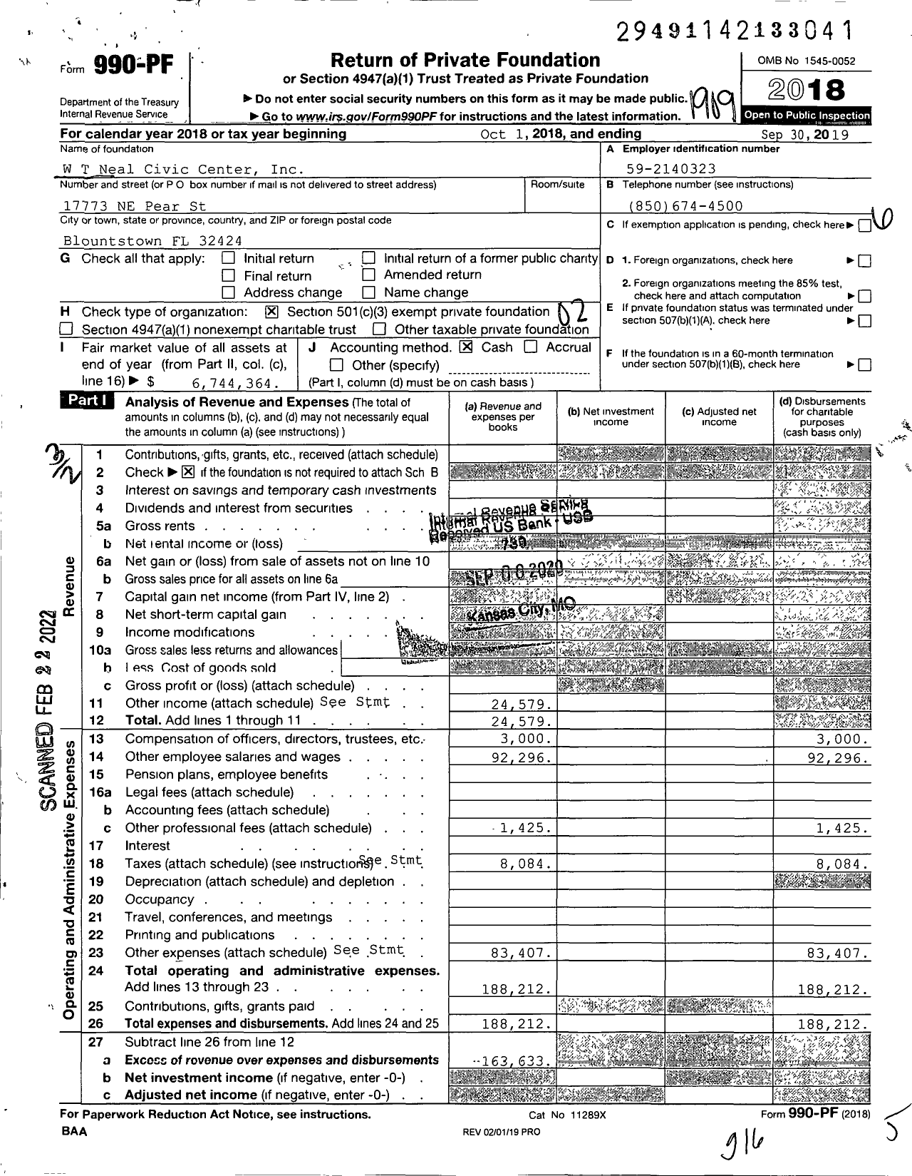 Image of first page of 2018 Form 990PF for WT Neal Civic Center