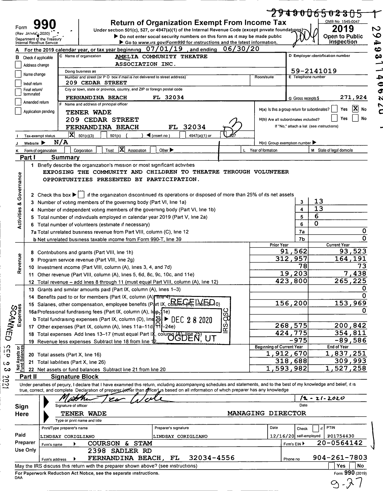 Image of first page of 2019 Form 990 for Amelia Community Theatre Association