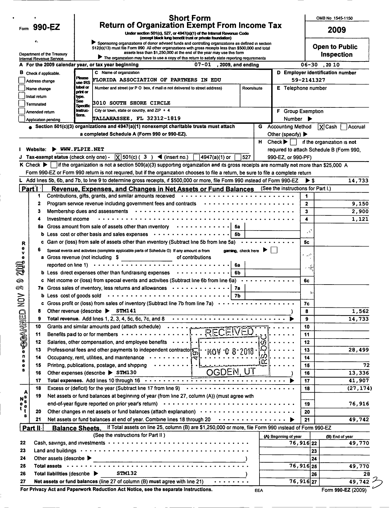 Image of first page of 2009 Form 990EZ for Florida Association of Partners in Education