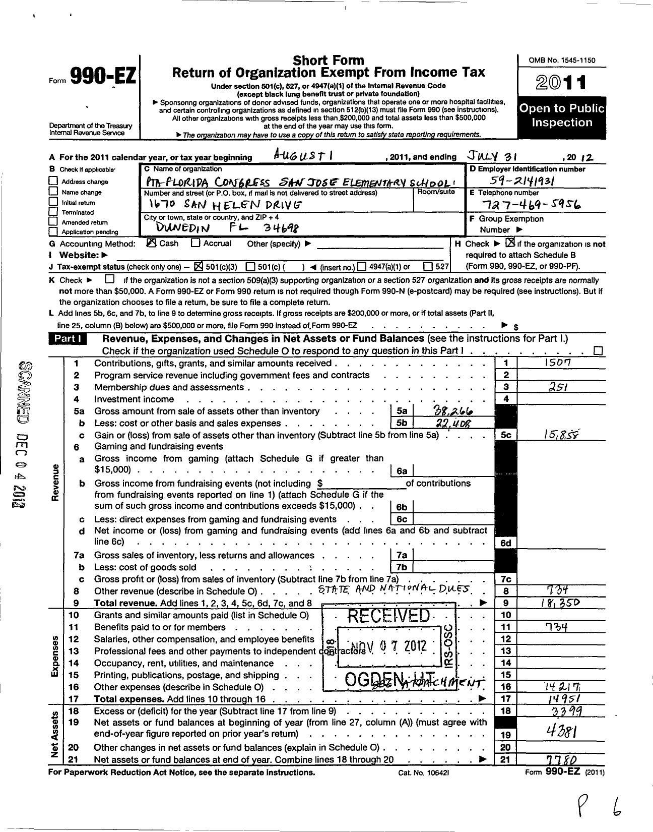 Image of first page of 2011 Form 990EZ for PTA Florida Congress - San Jose Elementary School PTA