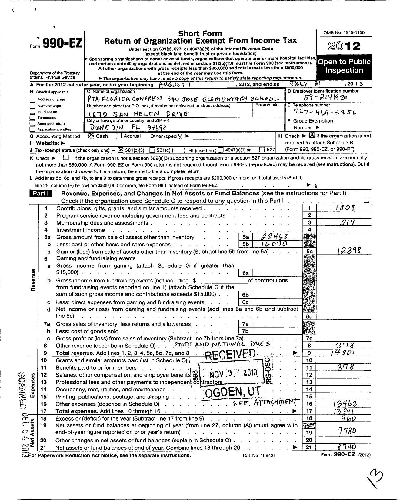 Image of first page of 2012 Form 990EZ for PTA Florida Congress - San Jose Elementary School PTA