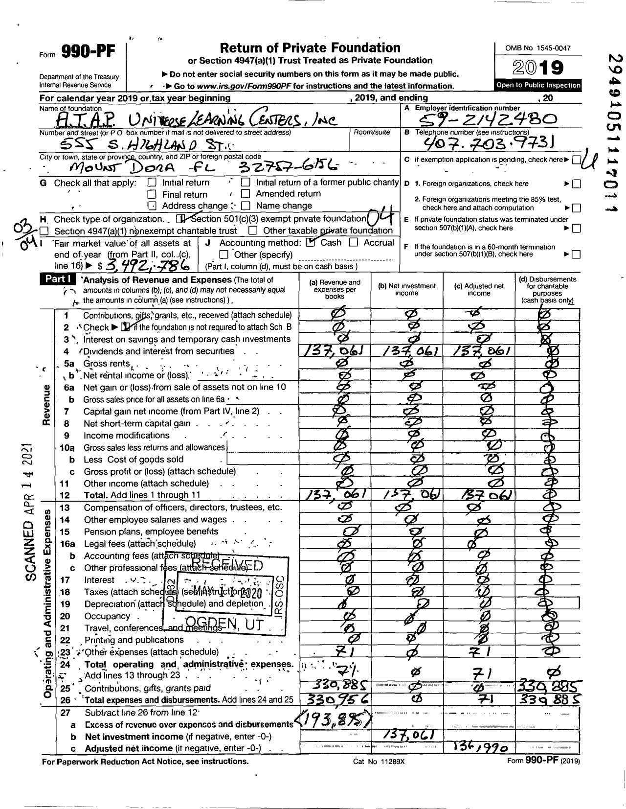 Image of first page of 2019 Form 990PF for Atap Universe Learning Centers