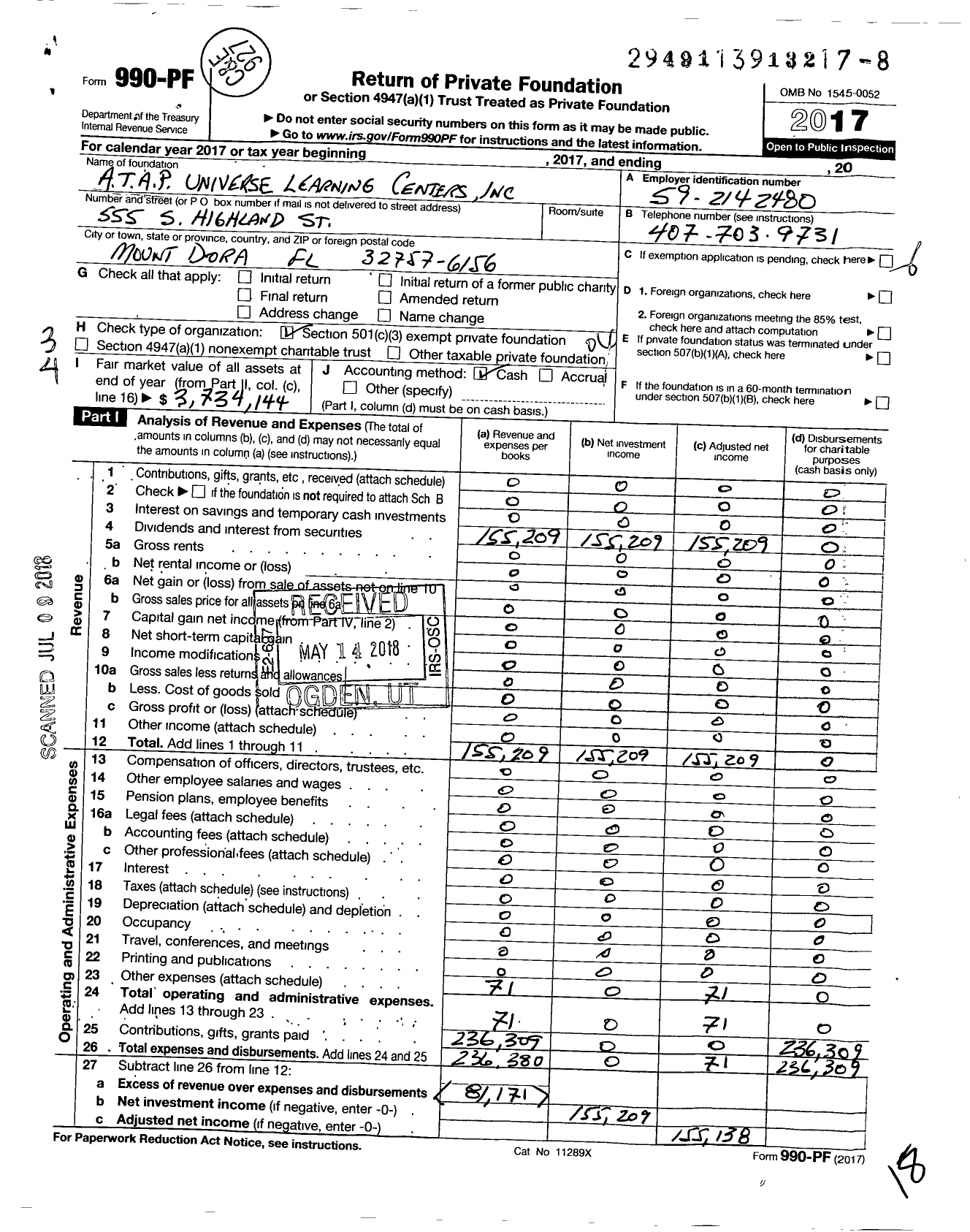 Image of first page of 2017 Form 990PF for Atap Universe Learning Centers