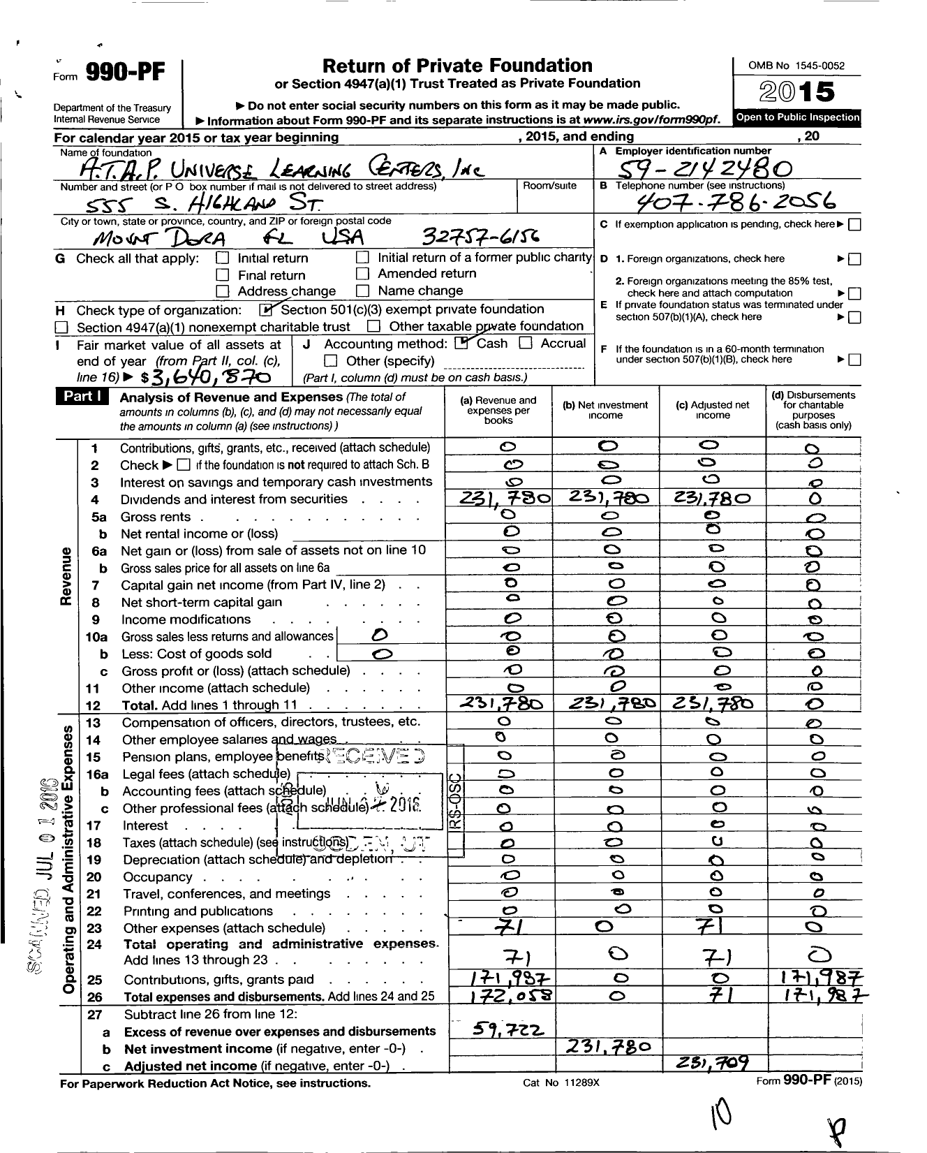 Image of first page of 2015 Form 990PF for Atap Universe Learning Centers