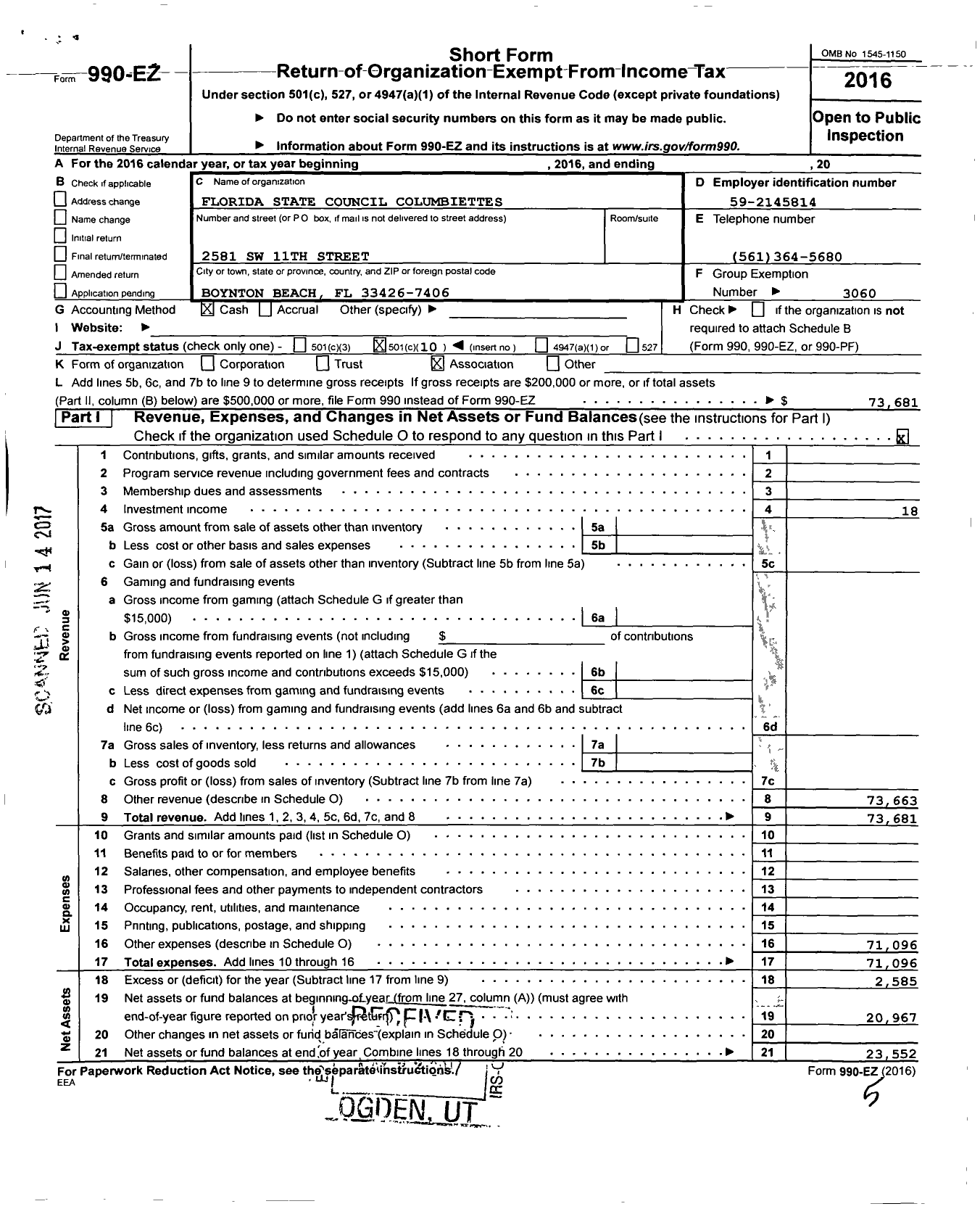 Image of first page of 2016 Form 990EO for Columbiettes - Florida State Council Columbiettes