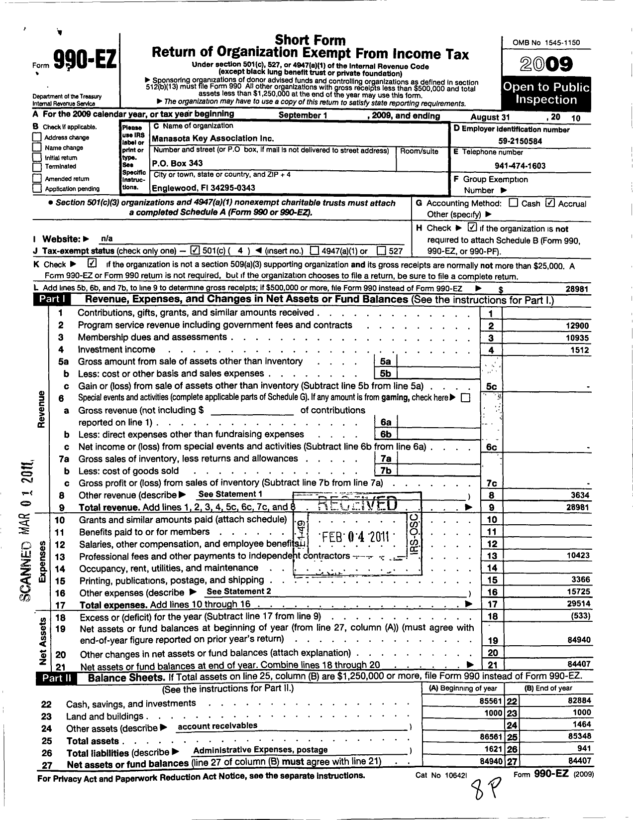 Image of first page of 2009 Form 990EO for Manasota Key Association