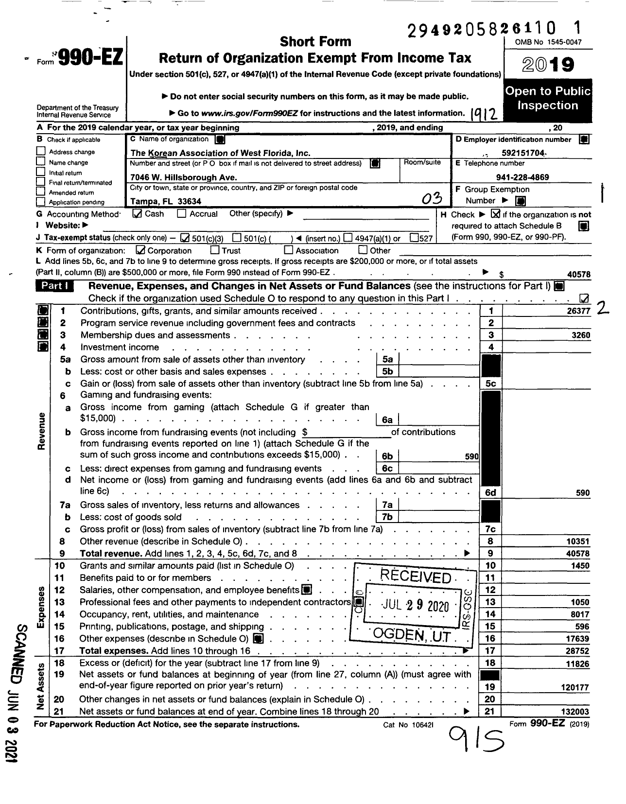 Image of first page of 2019 Form 990EZ for The Korean Association of West Florida