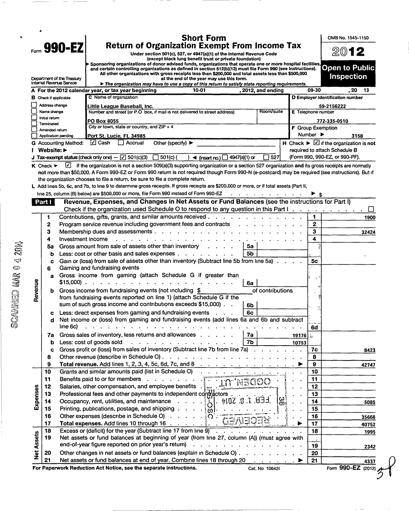 Image of first page of 2012 Form 990EZ for Little League Baseball - 3091712 Port Saint Lucie American