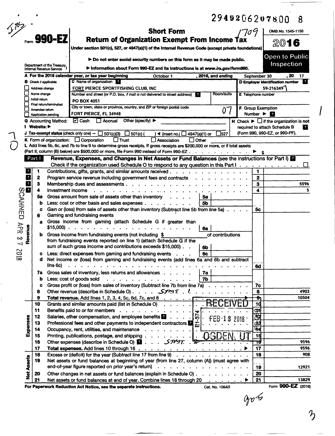 Image of first page of 2016 Form 990EO for Fort Pierce Sportfishing Club