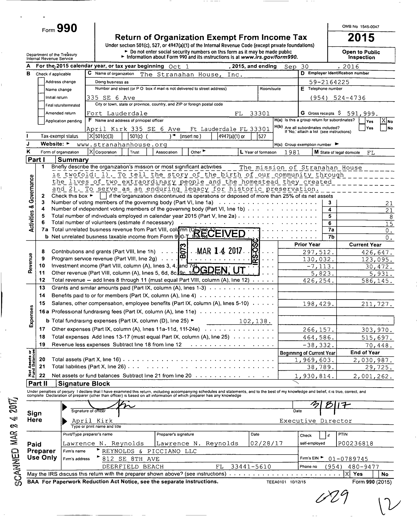 Image of first page of 2015 Form 990 for The Stranahan House