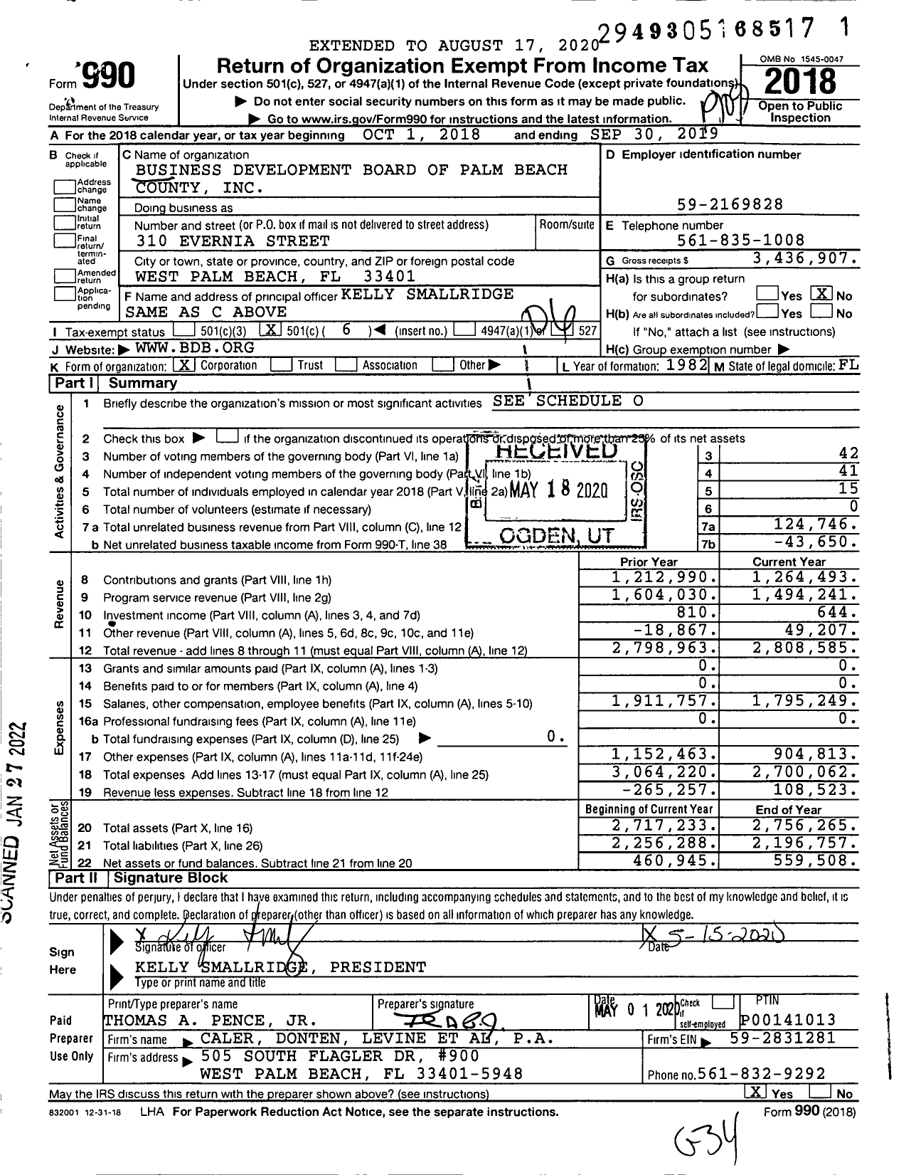 Image of first page of 2018 Form 990O for Business Development Board of Palm Beach County (BDB)