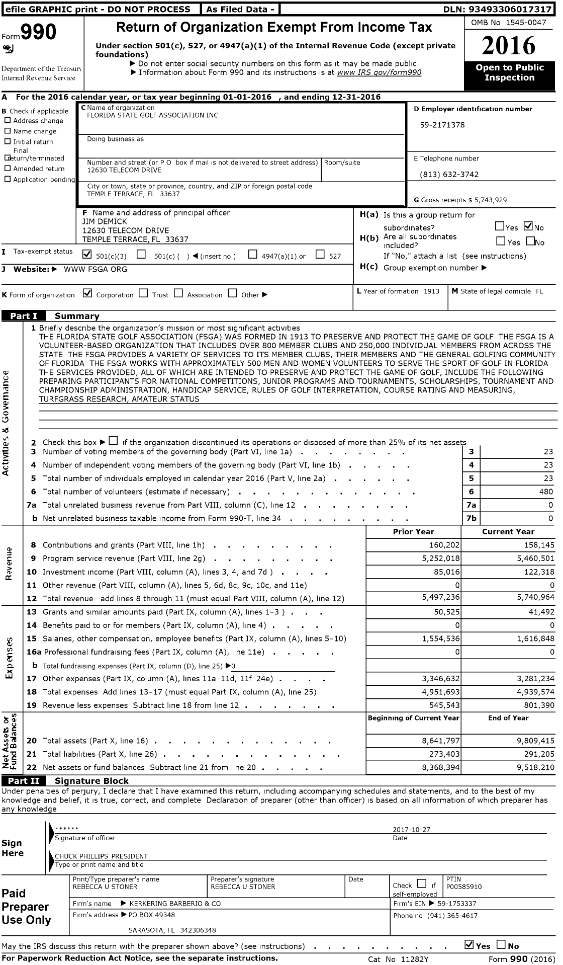 Image of first page of 2016 Form 990 for Florida State Golf Association