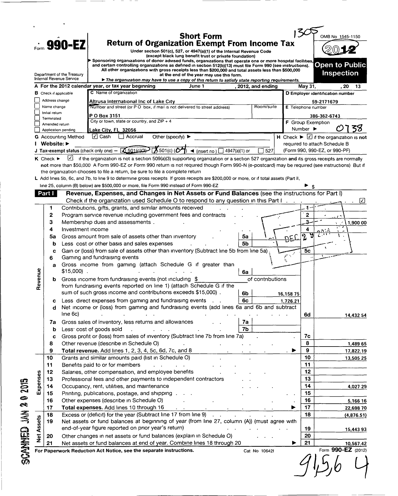 Image of first page of 2012 Form 990EO for Altrusa International / Lake City