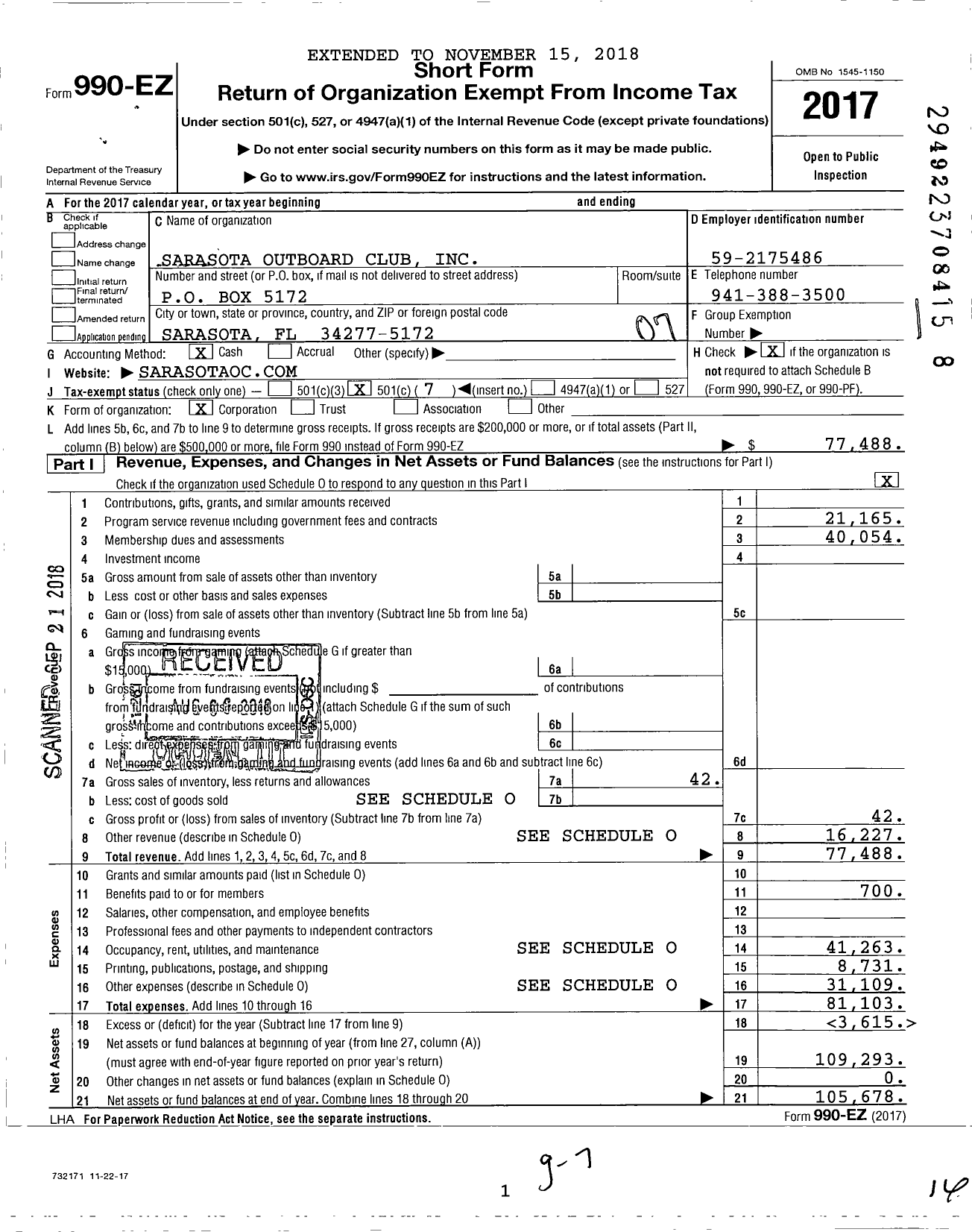 Image of first page of 2017 Form 990EO for Sarasota Outboard Club