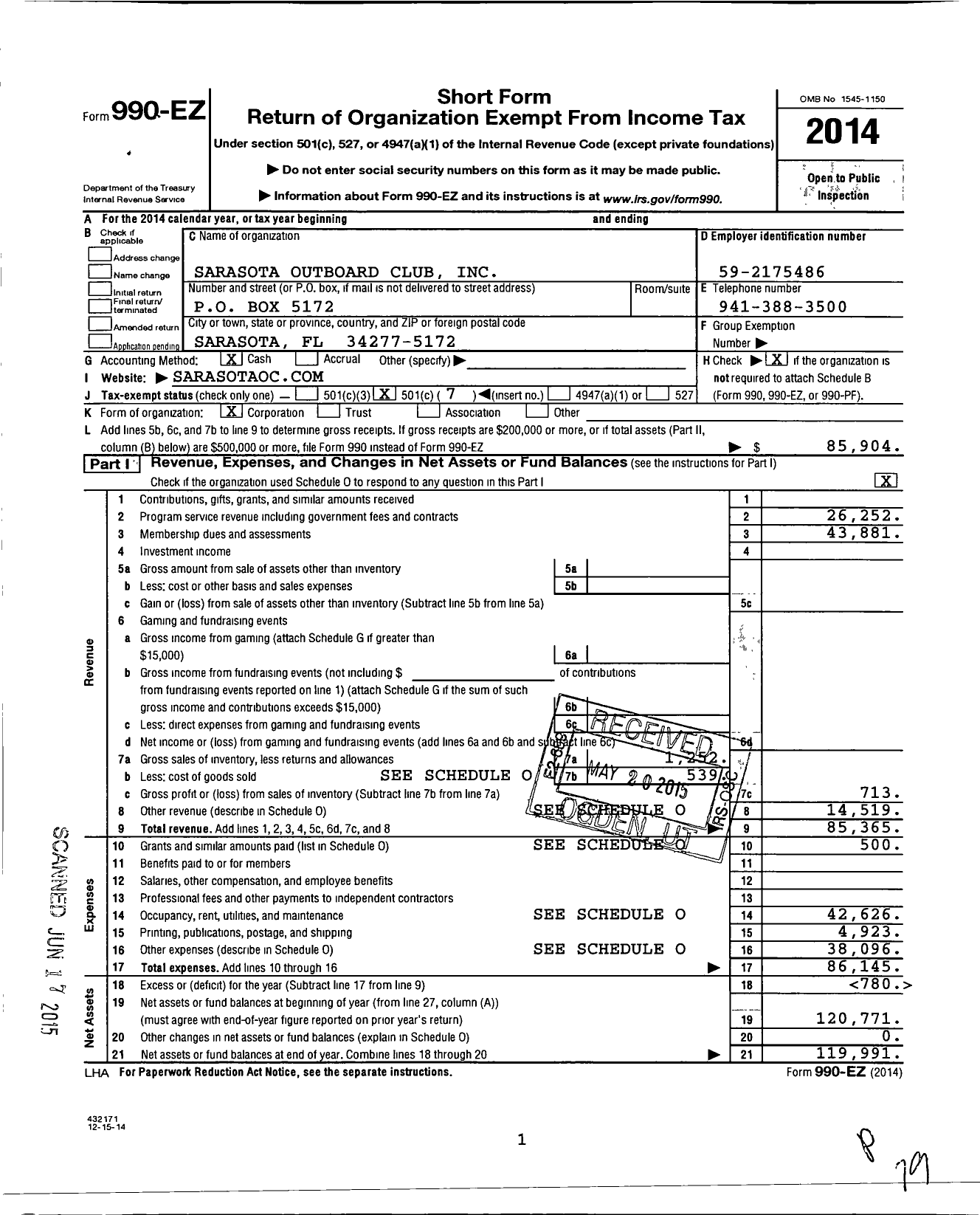 Image of first page of 2014 Form 990EO for Sarasota Outboard Club