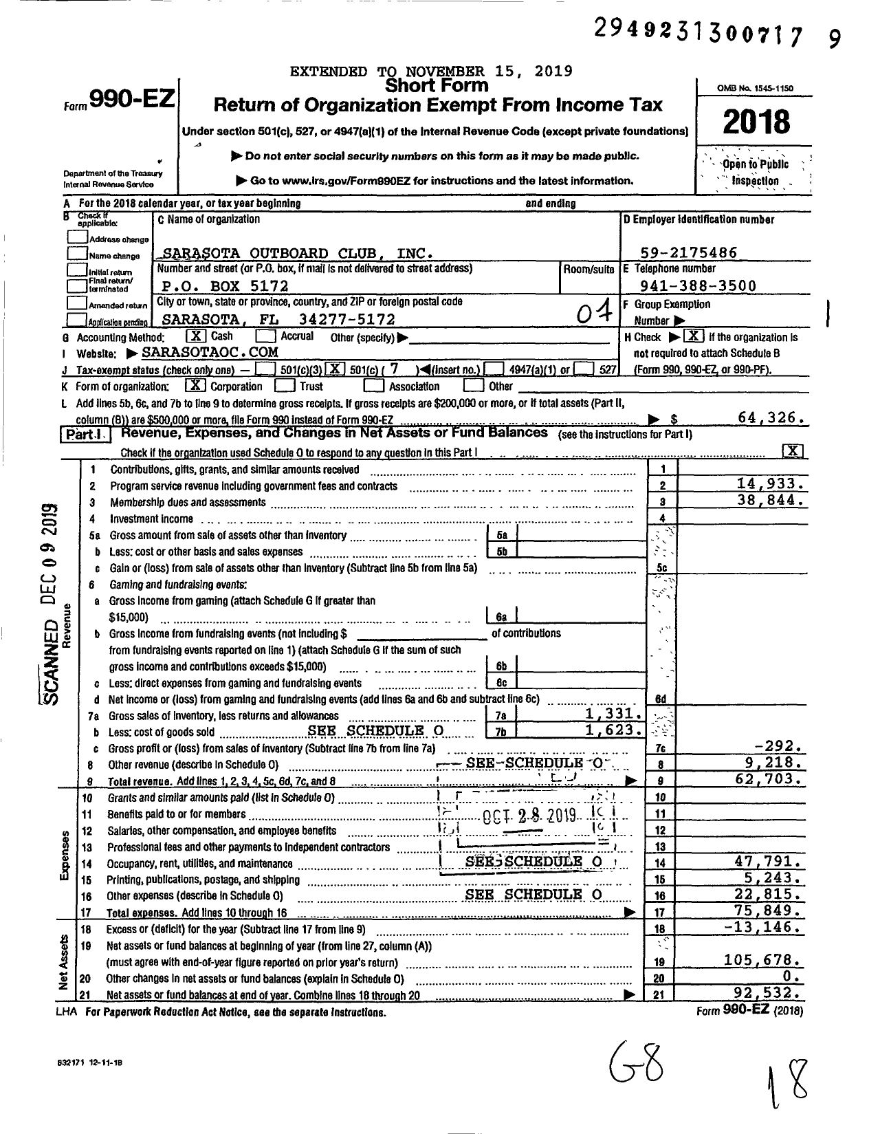 Image of first page of 2018 Form 990EO for Sarasota Outboard Club