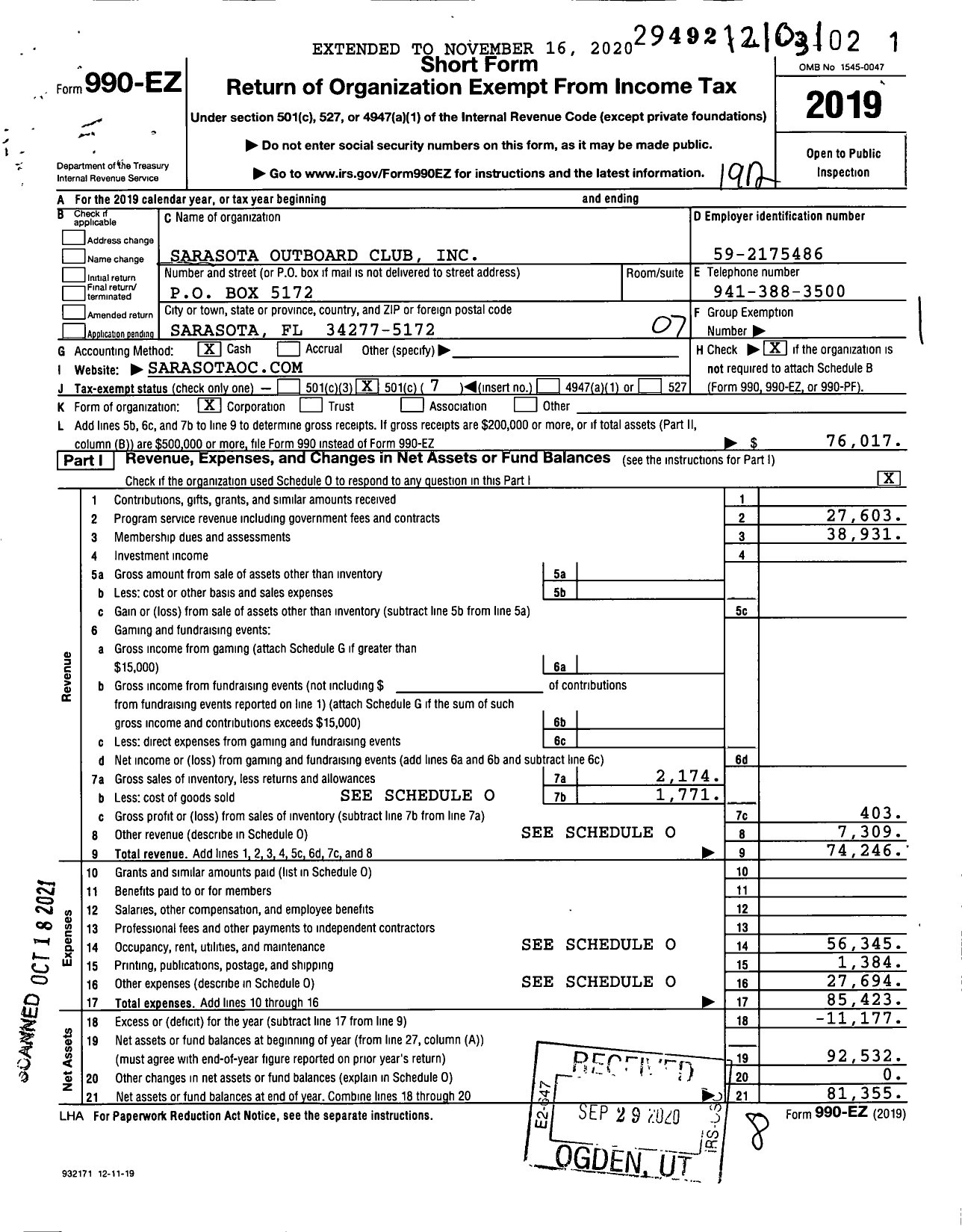 Image of first page of 2019 Form 990EO for Sarasota Outboard Club