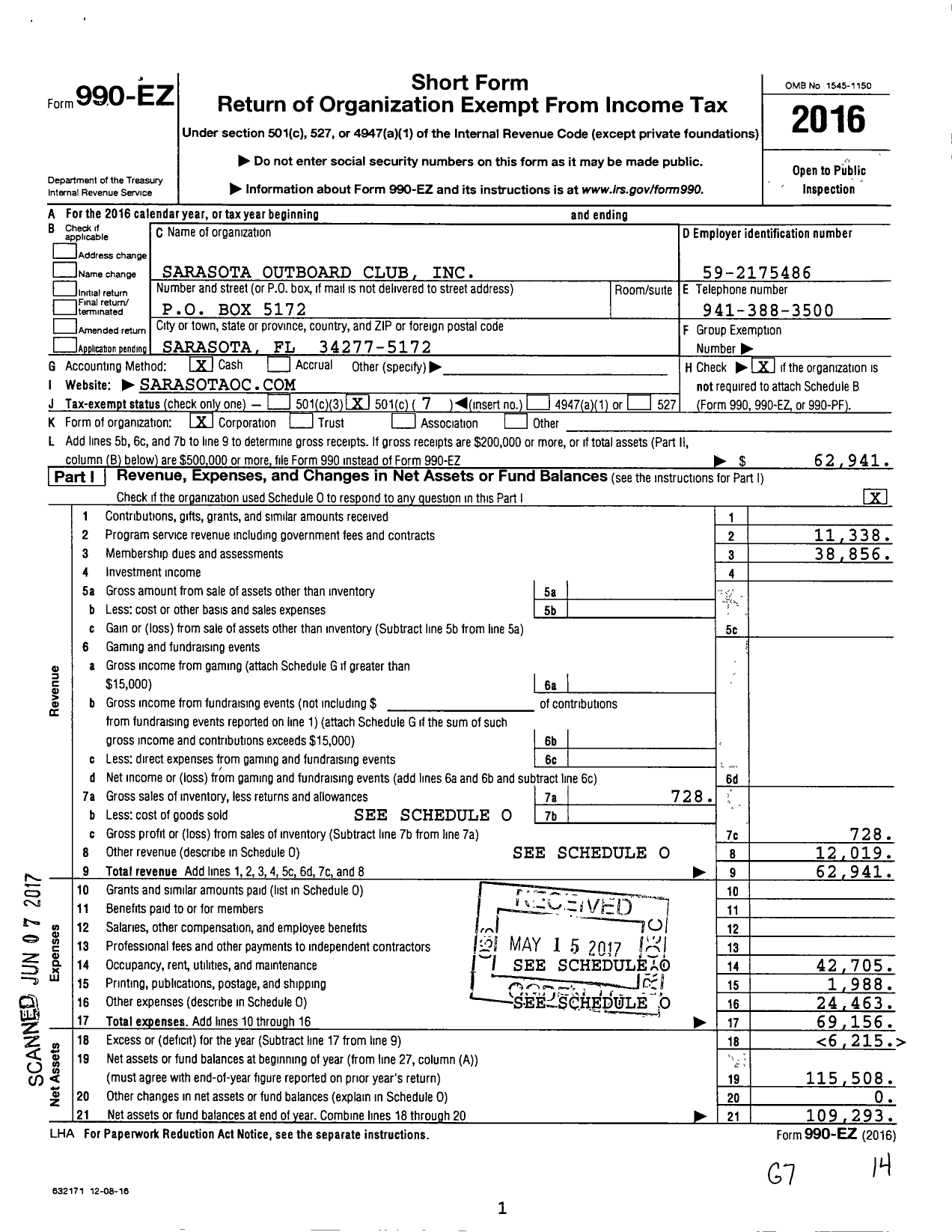 Image of first page of 2016 Form 990EO for Sarasota Outboard Club