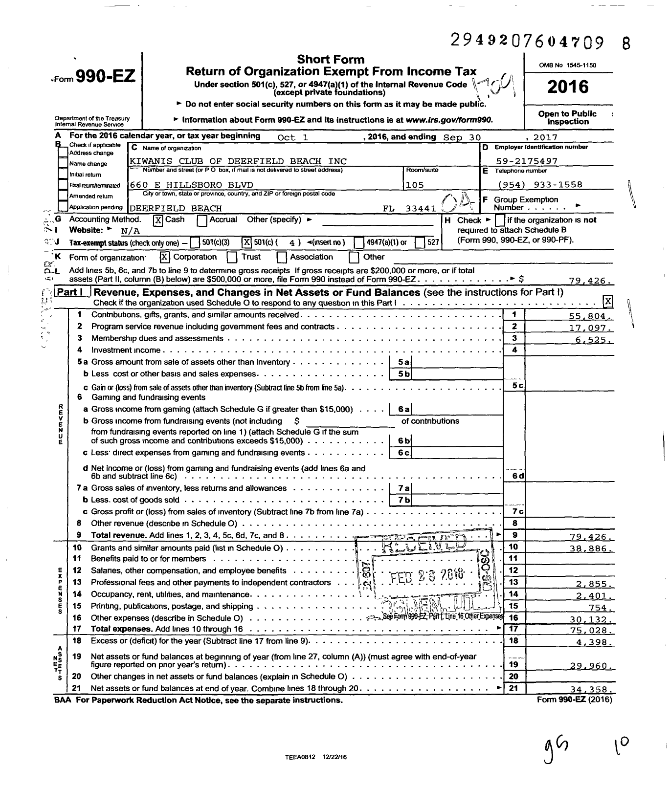 Image of first page of 2016 Form 990EO for Kiwanis International - K04681 Club of Deerfield Beach