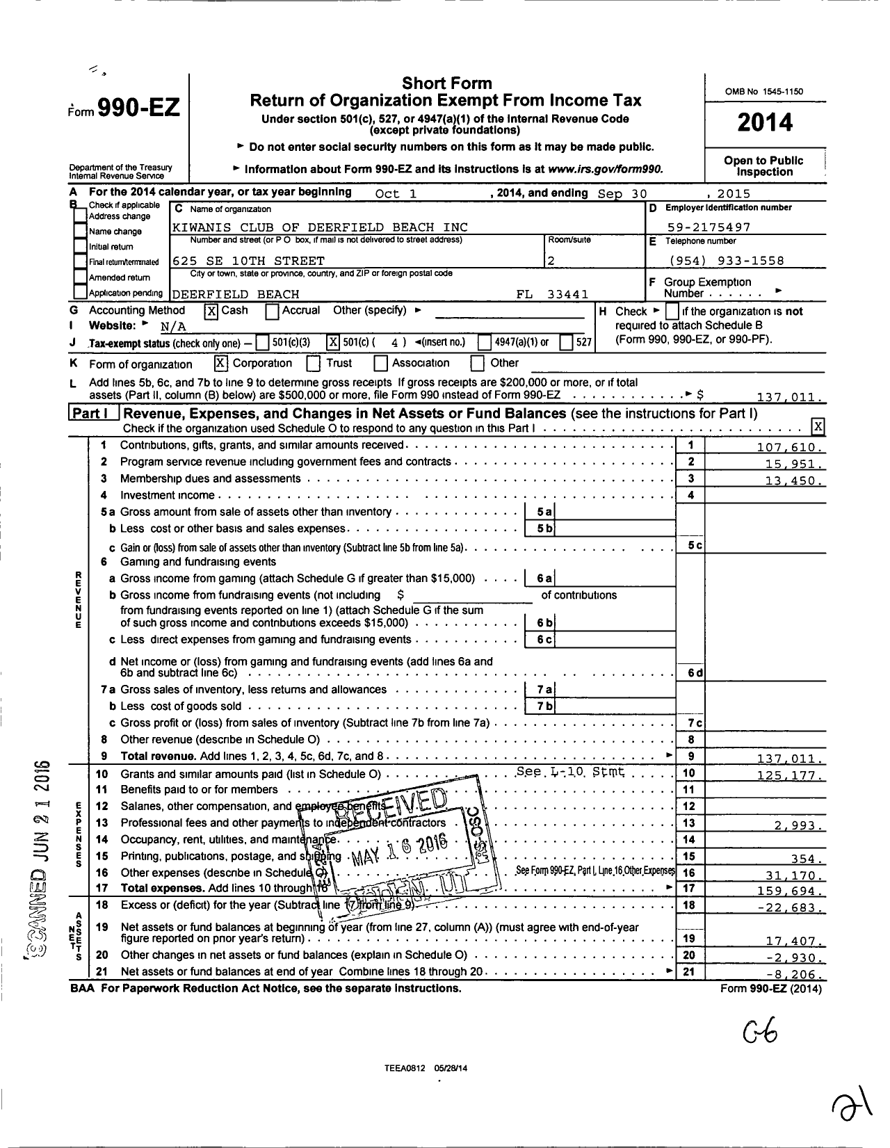 Image of first page of 2014 Form 990EO for Kiwanis International - K04681 Club of Deerfield Beach