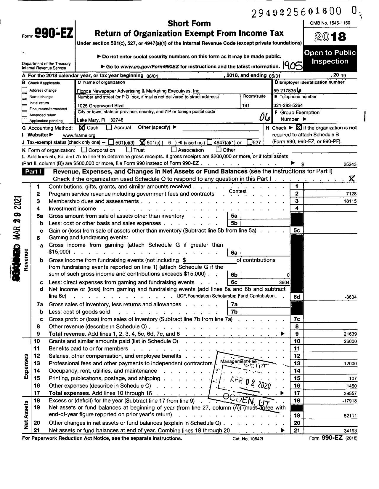 Image of first page of 2018 Form 990EO for Florida Advertising and Marketing Executives