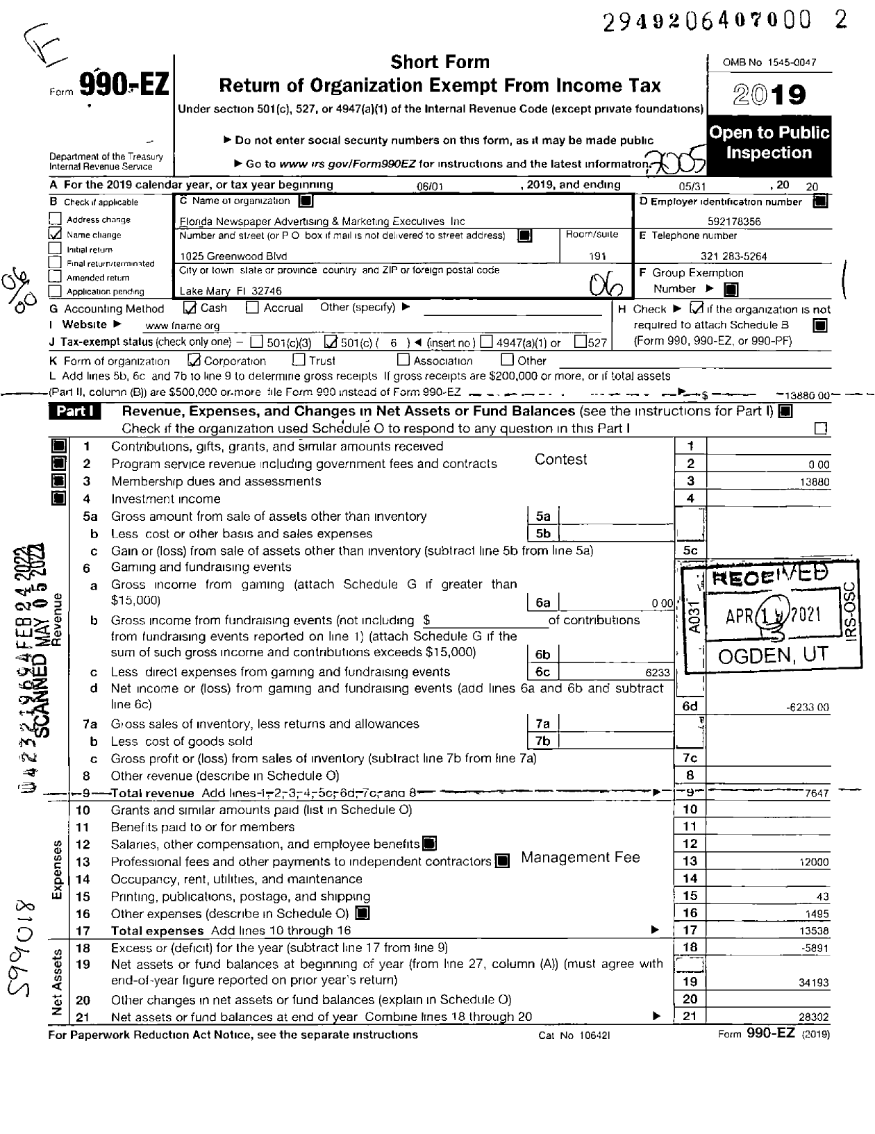 Image of first page of 2019 Form 990EO for Florida Advertising and Marketing Executives