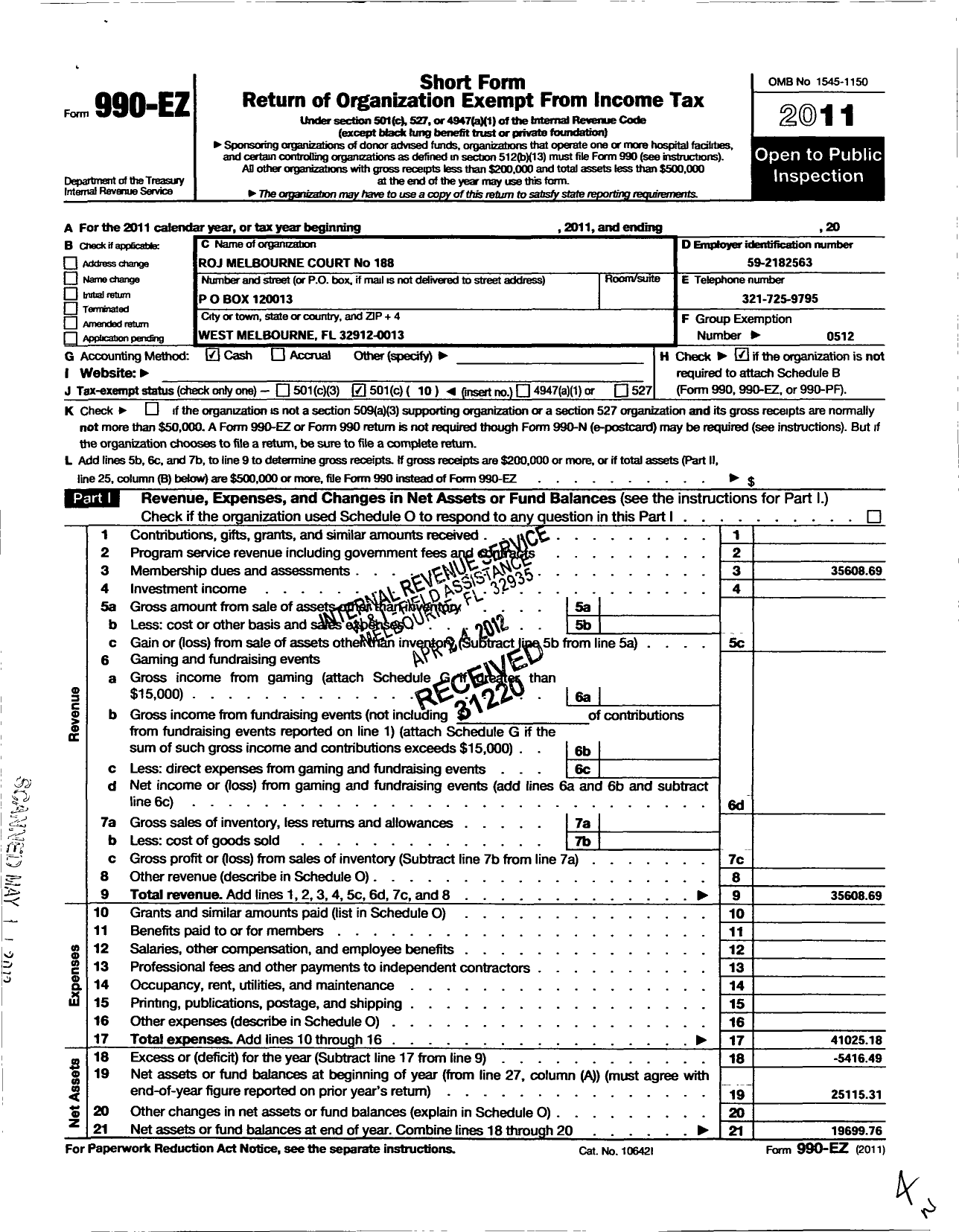 Image of first page of 2011 Form 990EO for Royal Order of Jesters - 0188 Melbourne CT