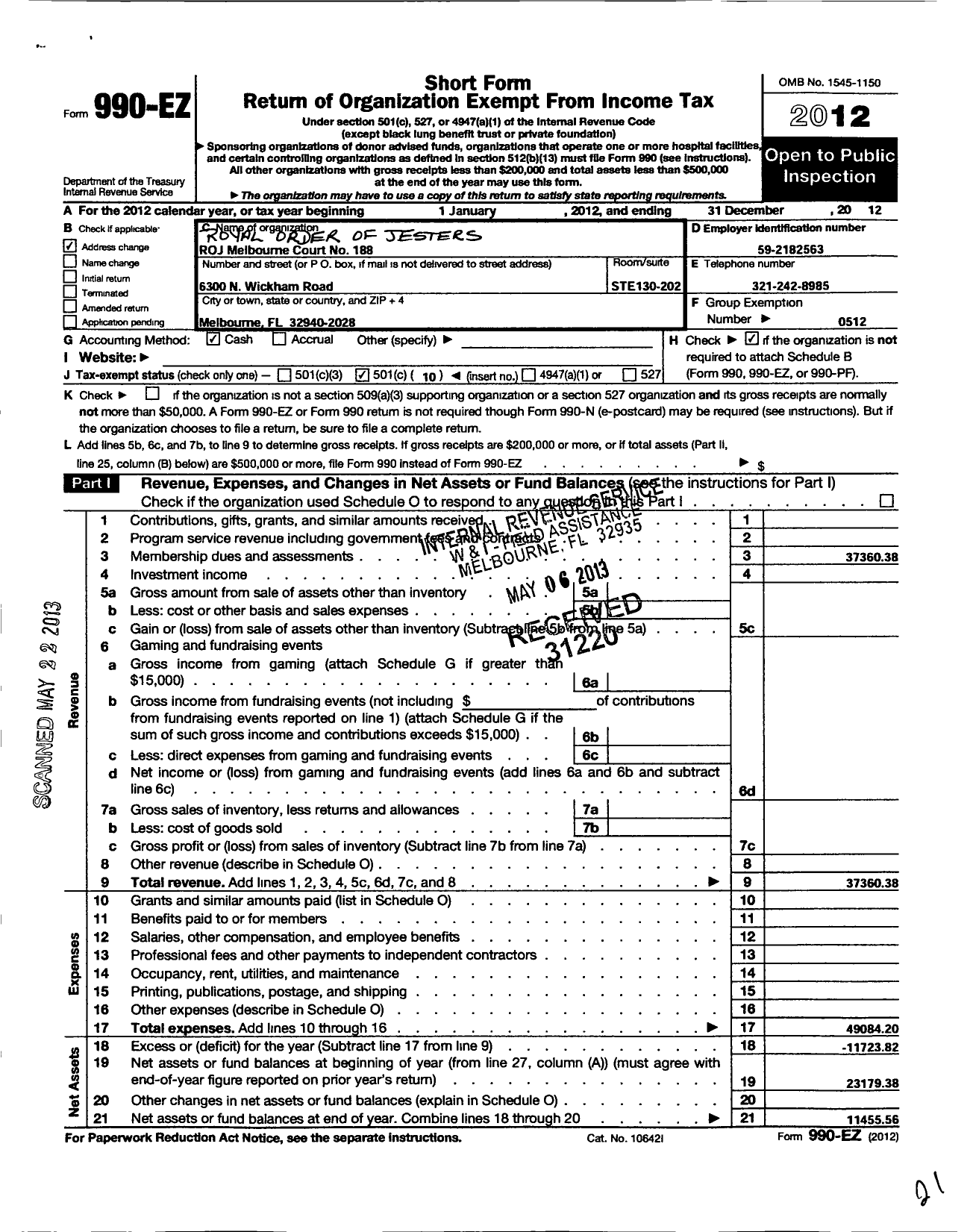 Image of first page of 2012 Form 990EO for Royal Order of Jesters - 0188 Melbourne CT