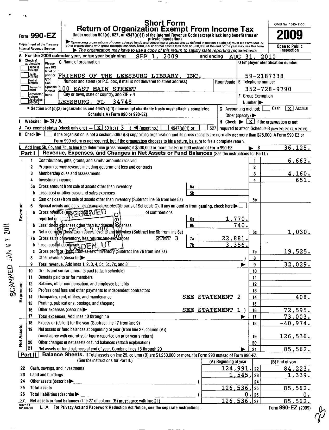 Image of first page of 2009 Form 990EZ for Friends of the Leesburg Library Incorporated