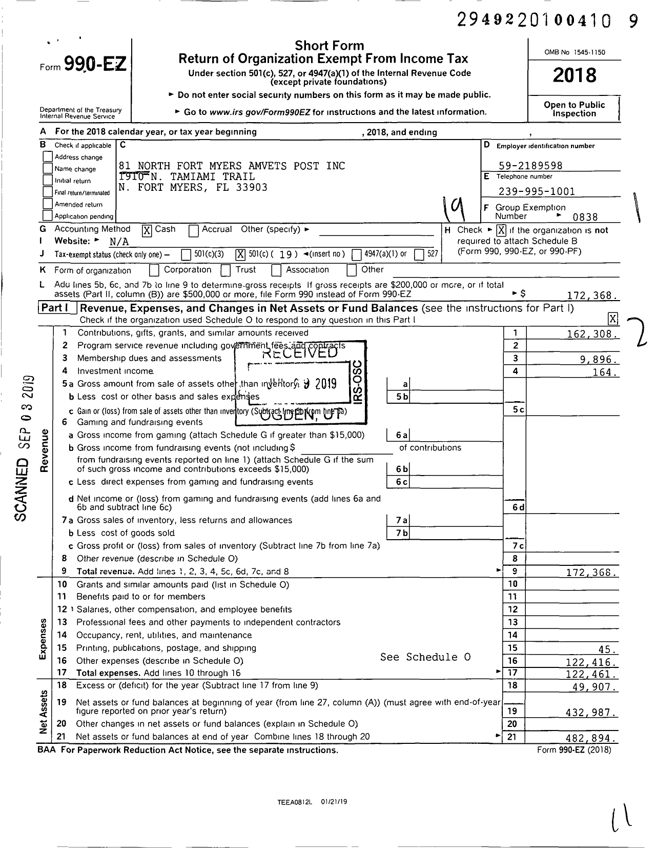 Image of first page of 2018 Form 990EO for Amvets - North Fort Myers Amvets Post 81