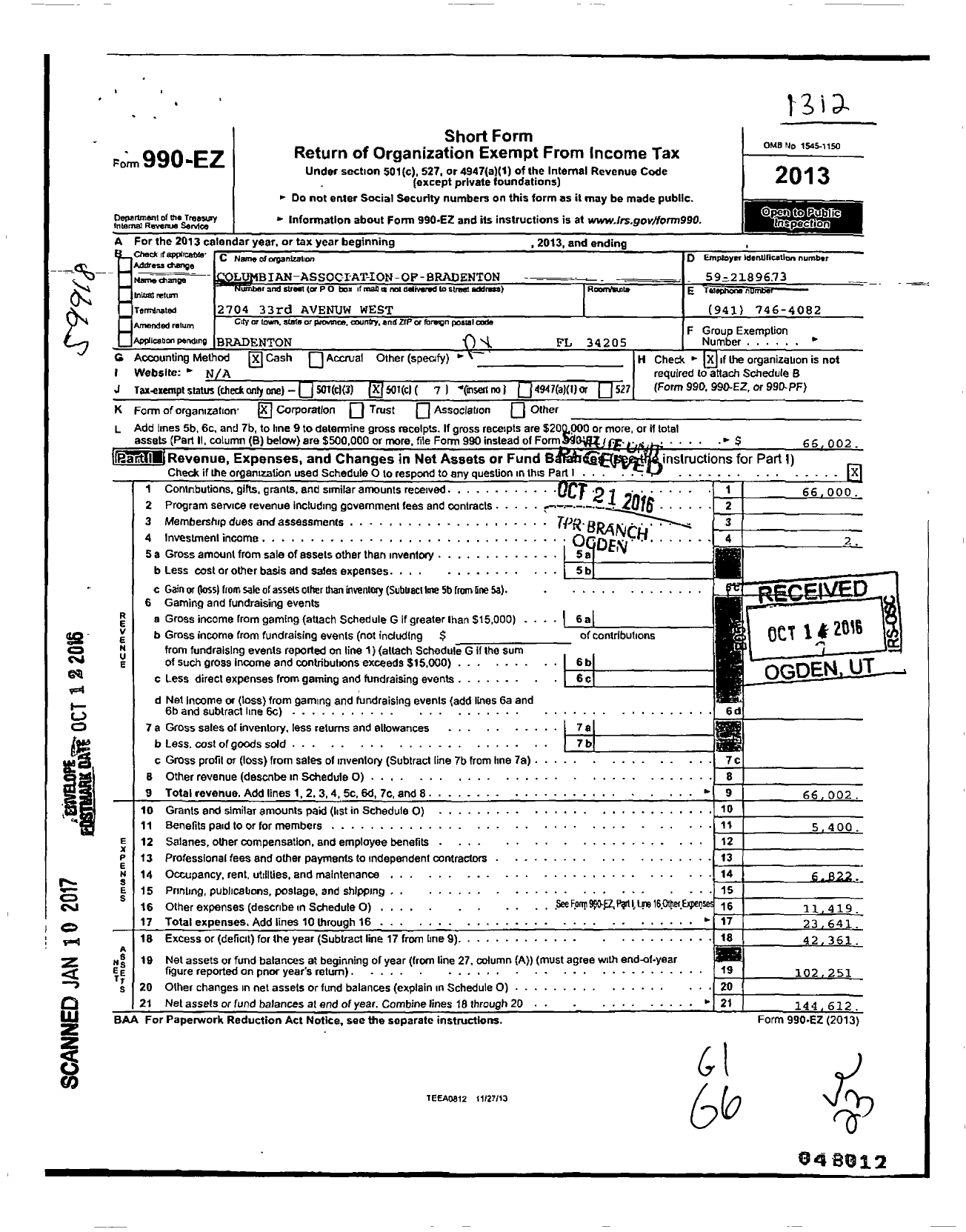 Image of first page of 2013 Form 990EO for Columbian Association of Bradenton