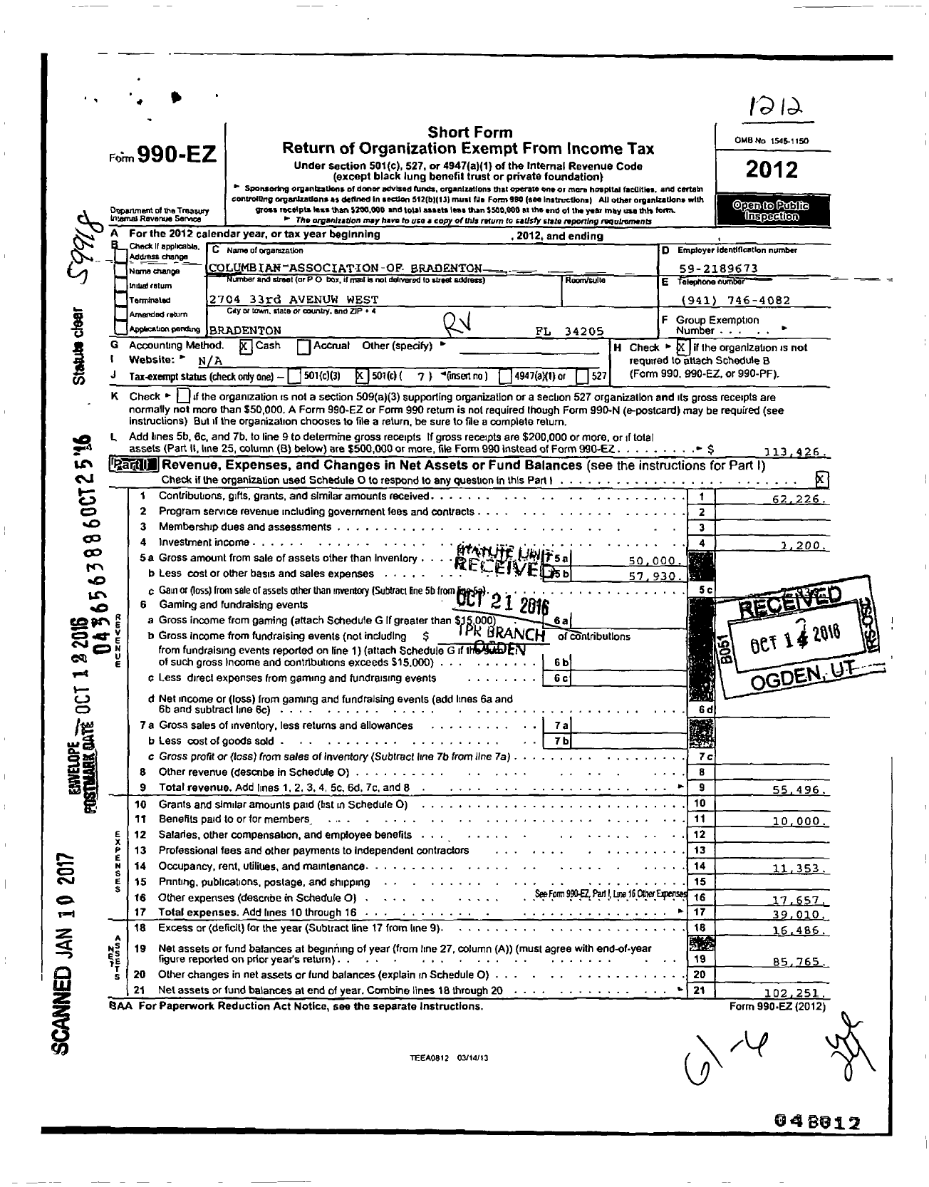 Image of first page of 2012 Form 990EO for Columbian Association of Bradenton