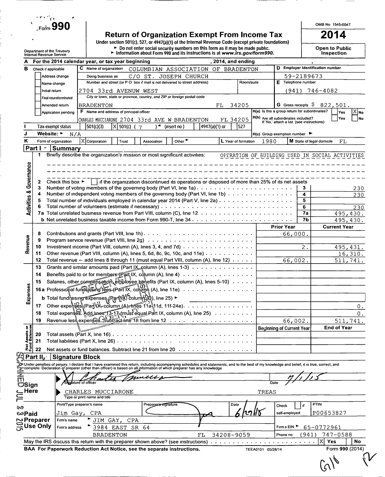 Image of first page of 2014 Form 990O for Columbian Association of Bradenton