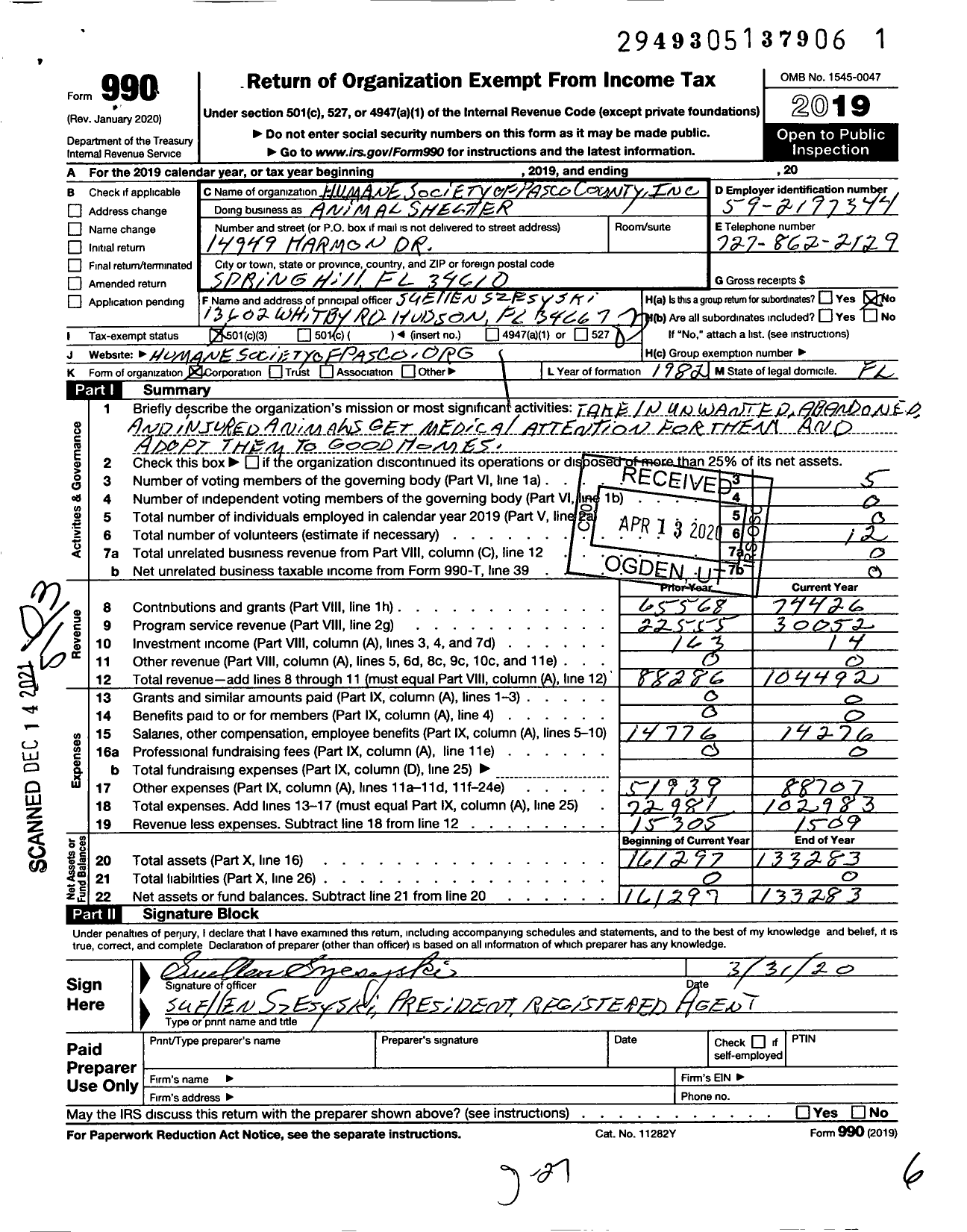 Image of first page of 2019 Form 990 for Amimal Shelter