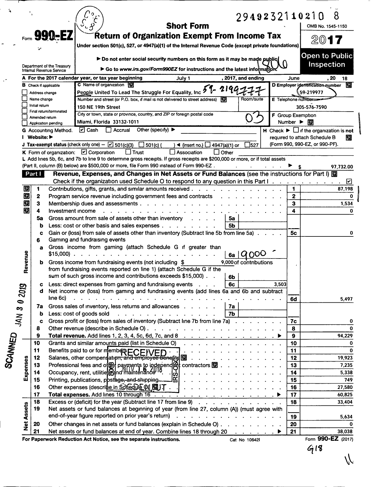 Image of first page of 2017 Form 990EZ for People United To Lead The Struggle For Equality