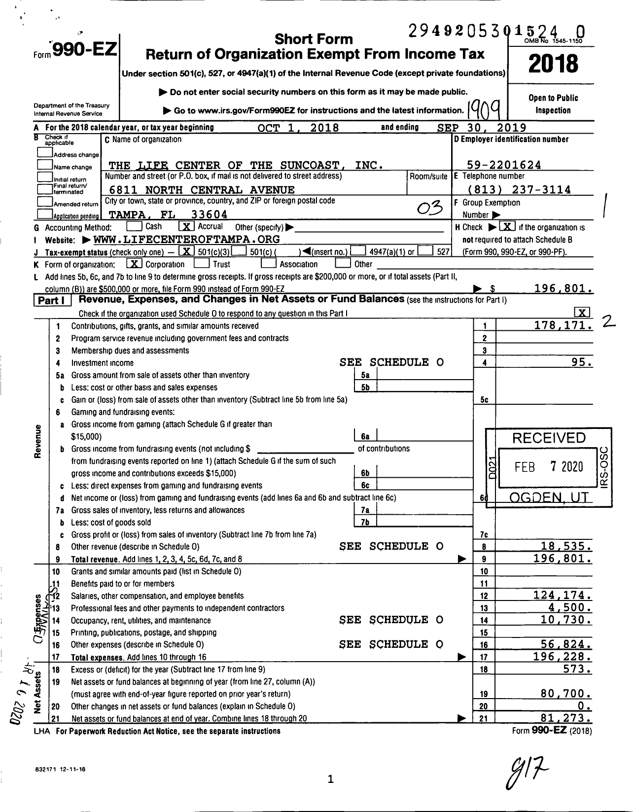 Image of first page of 2018 Form 990EZ for The Life Center of the Suncoast