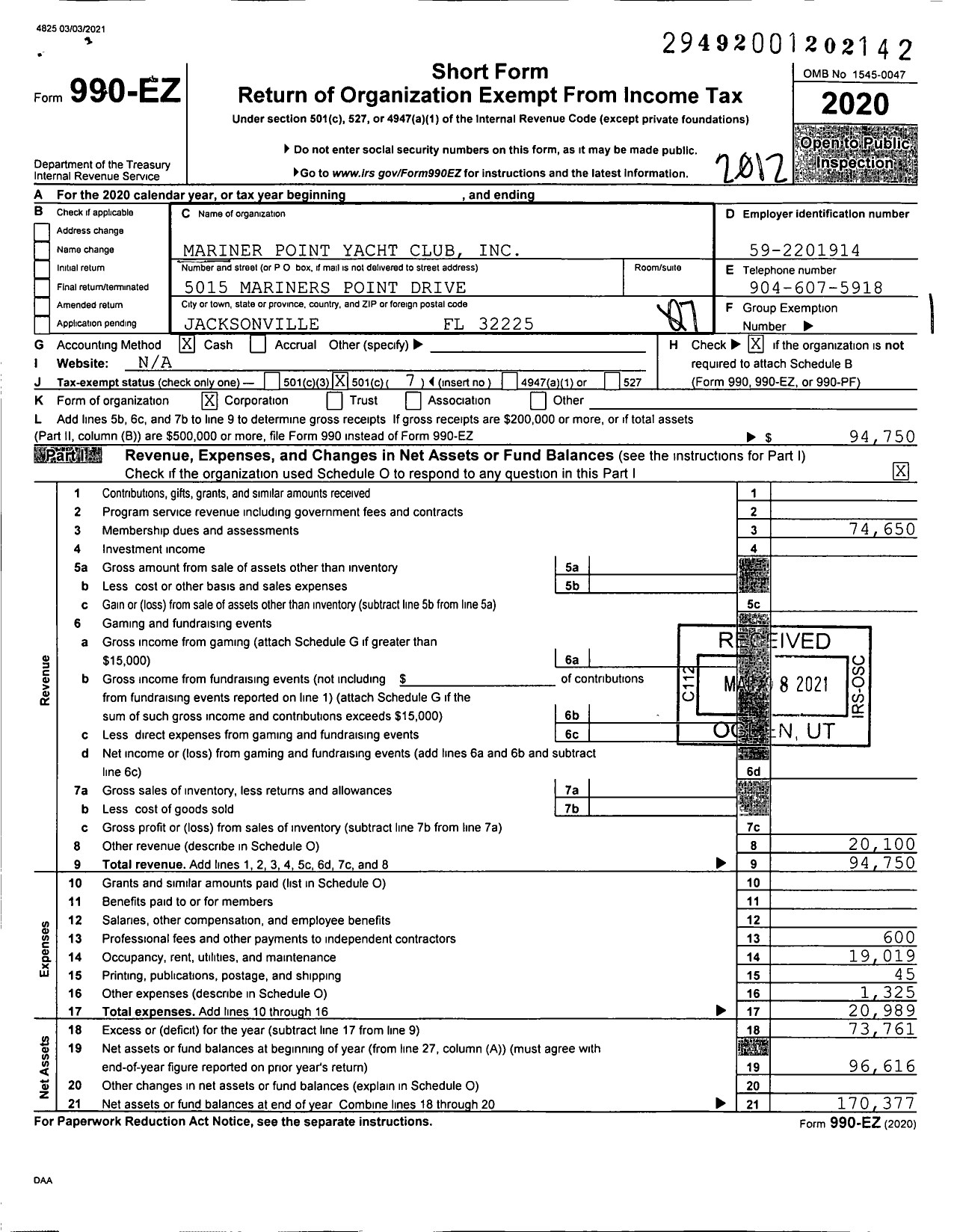 Image of first page of 2020 Form 990EO for Mariner Point Yacht Club