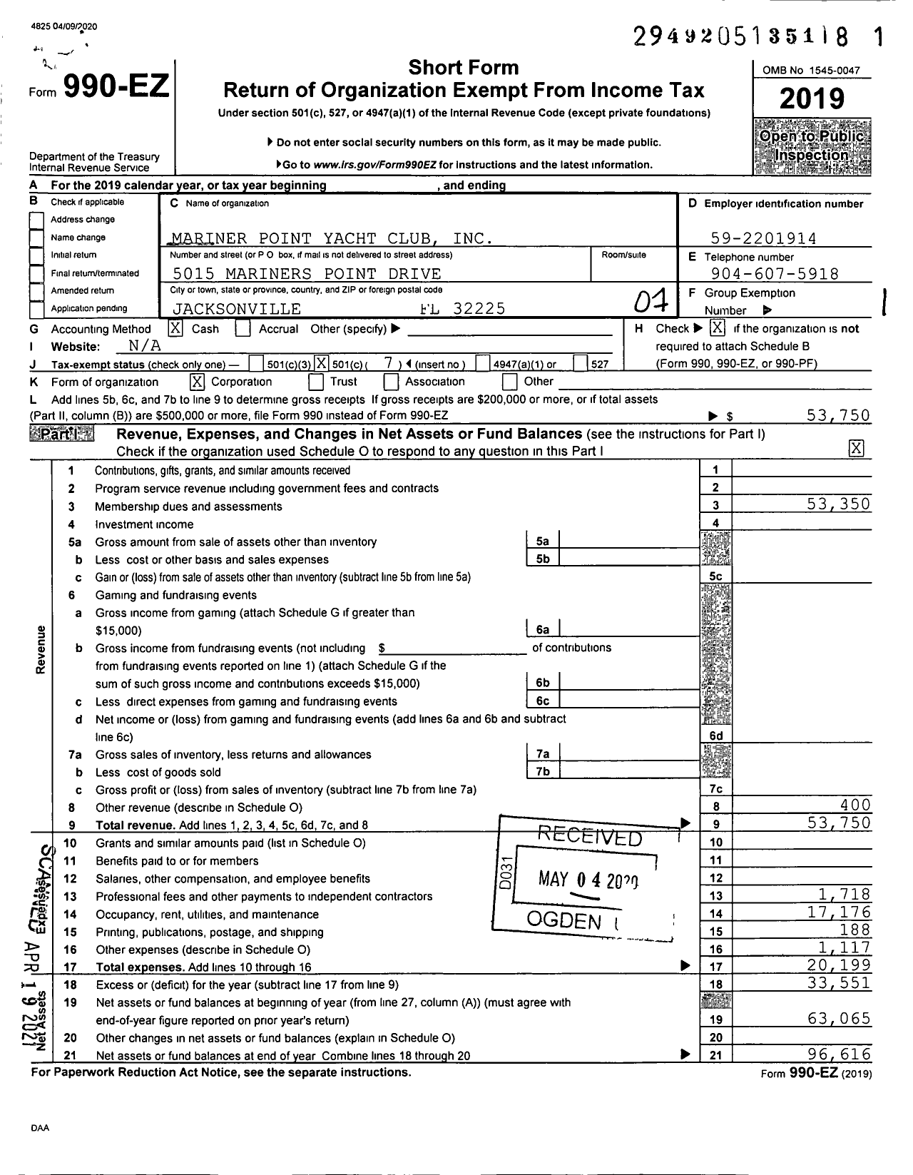 Image of first page of 2019 Form 990EO for Mariner Point Yacht Club