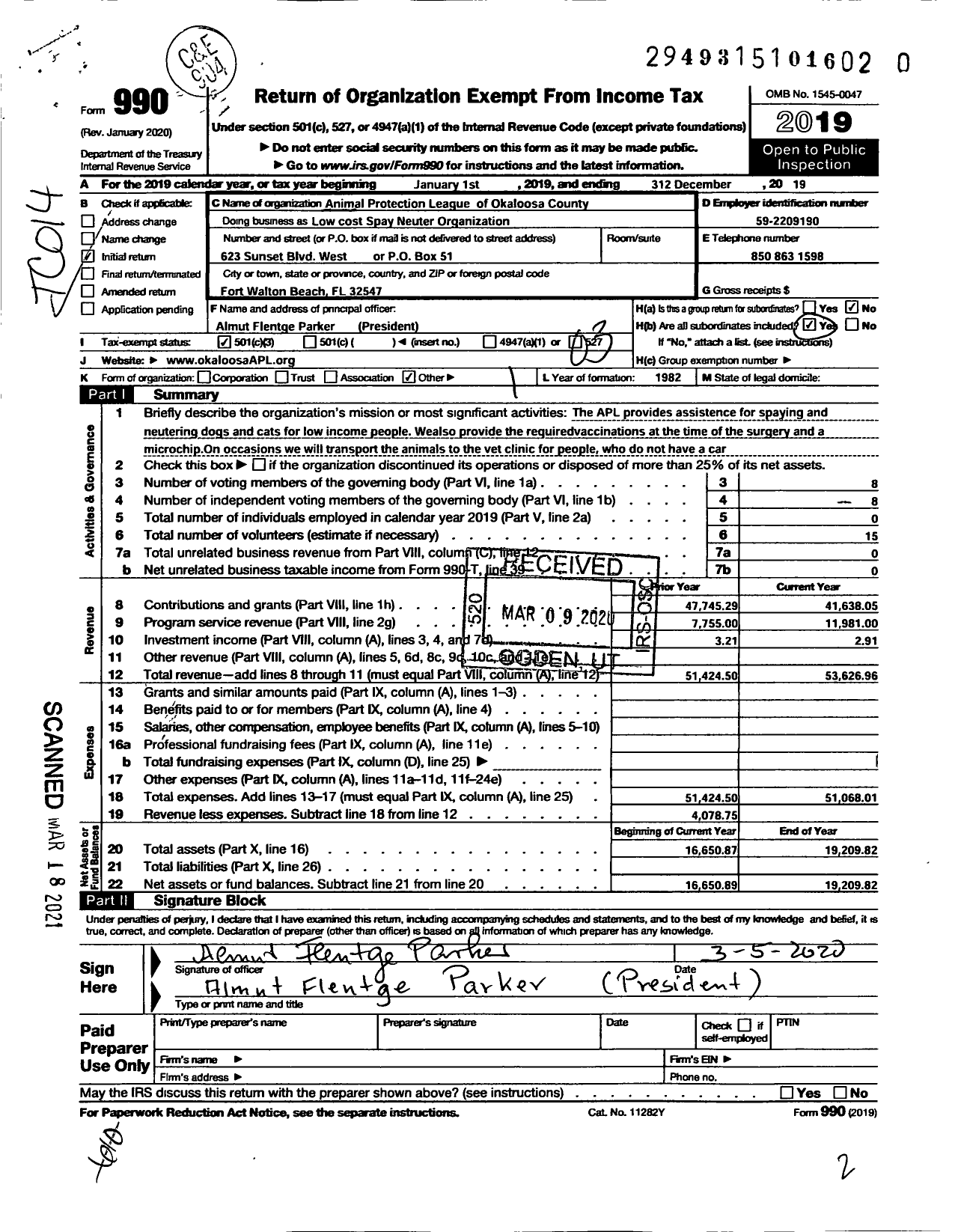 Image of first page of 2019 Form 990 for low cost spay and neuter organization